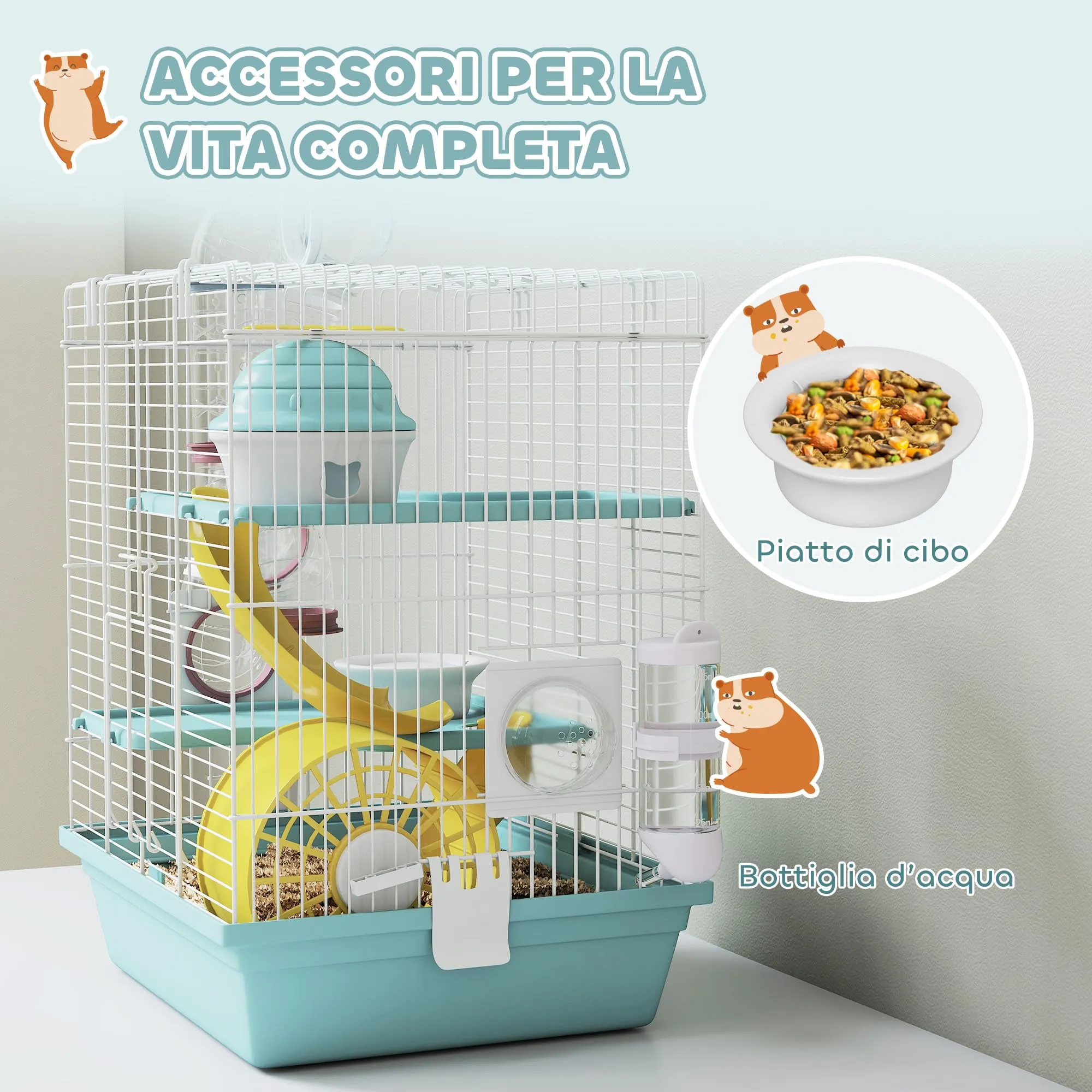 PawHut Gabbia per Criceti 3 Livelli con 12 Tubi, 34.5x27.5x41 cm, Blu - immagine 5
