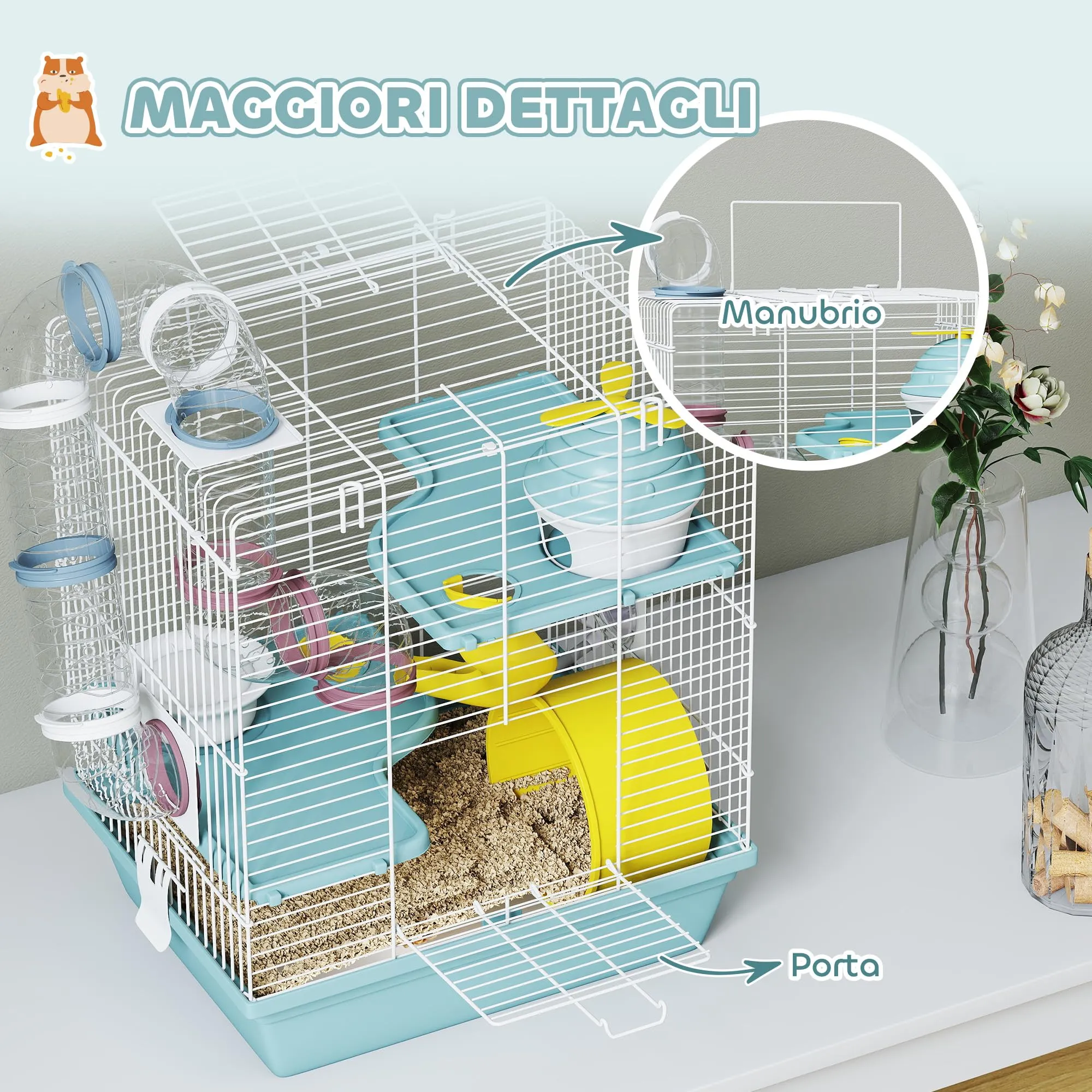 PawHut Gabbia per Criceti 3 Livelli con 12 Tubi, 34.5x27.5x41 cm, Blu - immagine 6