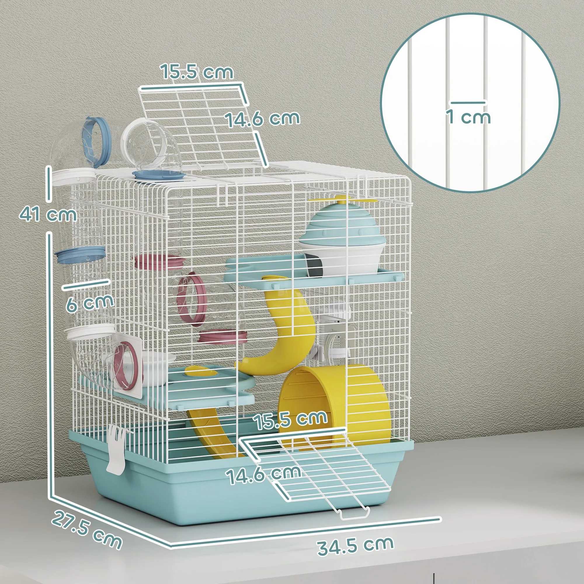 PawHut Gabbia per Criceti 3 Livelli con 12 Tubi, 34.5x27.5x41 cm, Blu - immagine 7