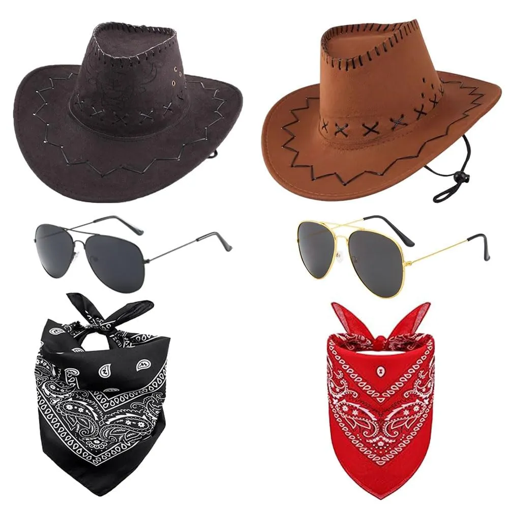 WFKKMEQ Costume da Cowboy, Set 6 Pezzi con Cappello, Bandana e Distintivo (Nero, Marrone) - immagine 1