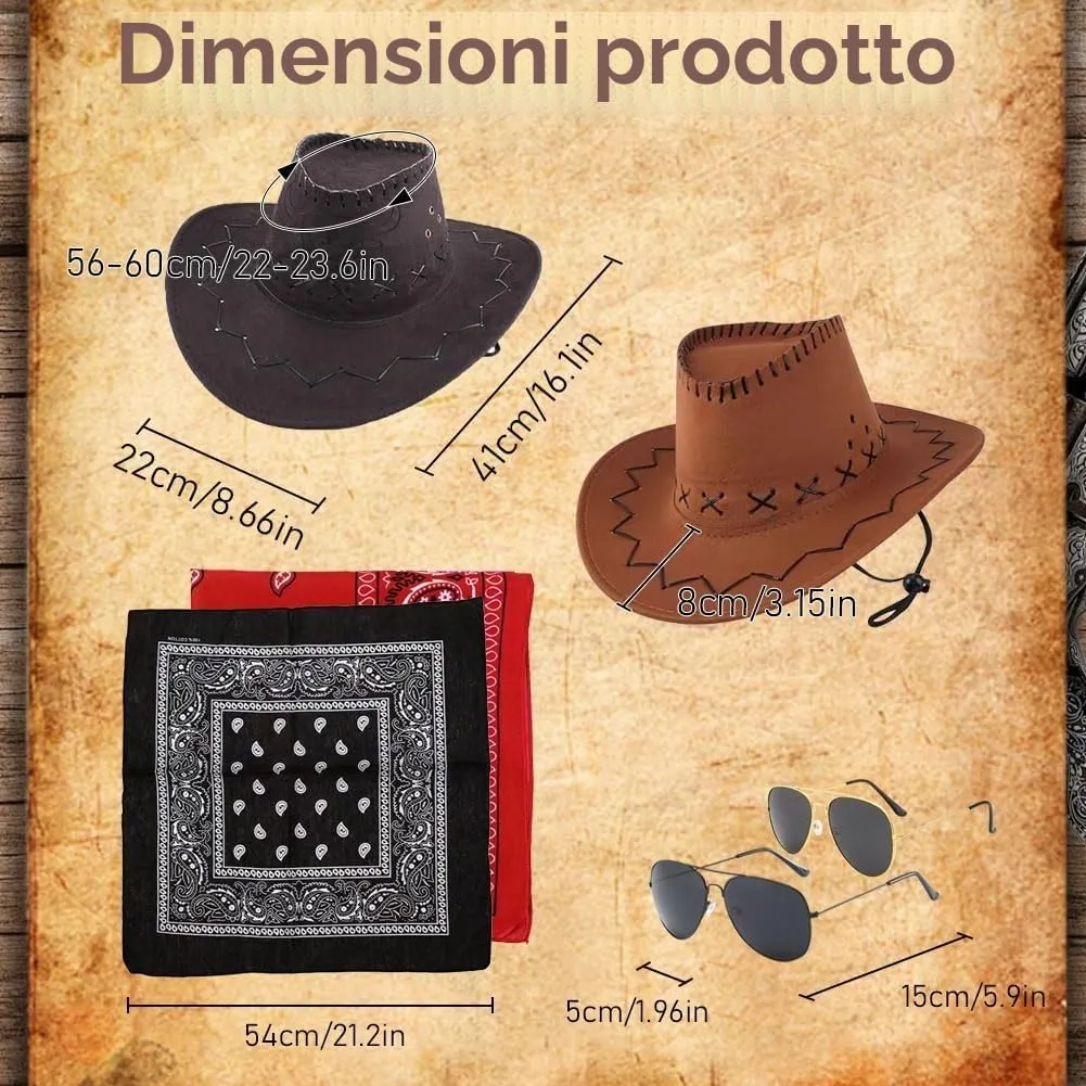 WFKKMEQ Costume da Cowboy, Set 6 Pezzi con Cappello, Bandana e Distintivo (Nero, Marrone) - immagine 2
