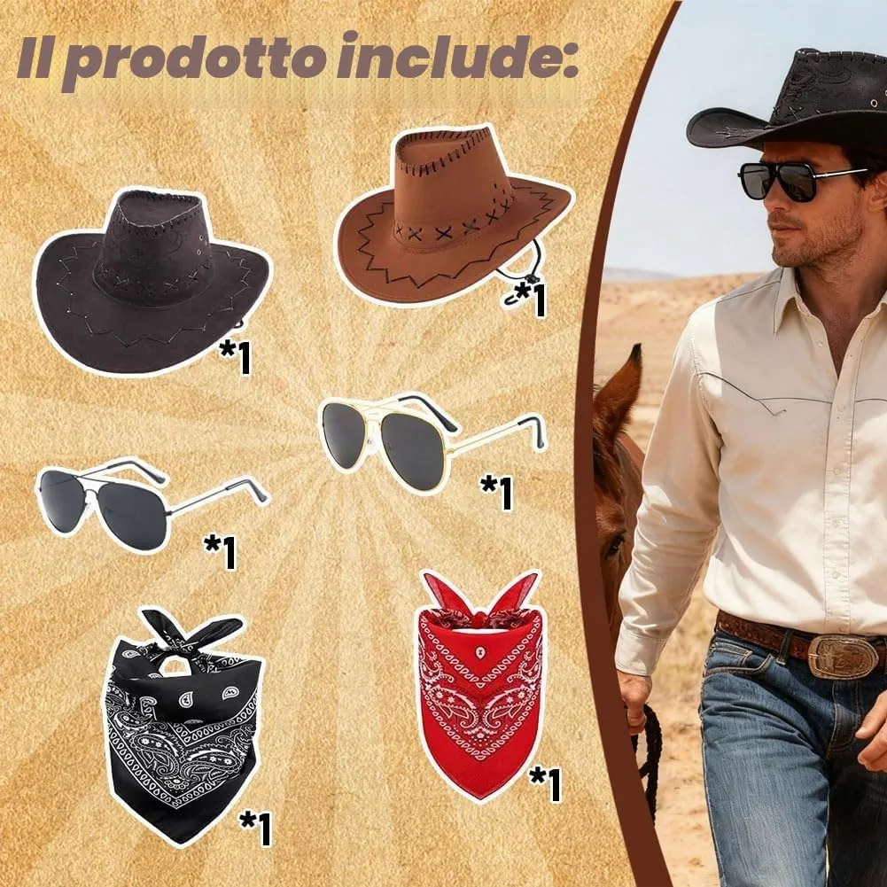 WFKKMEQ Costume da Cowboy, Set 6 Pezzi con Cappello, Bandana e Distintivo (Nero, Marrone) - immagine 3