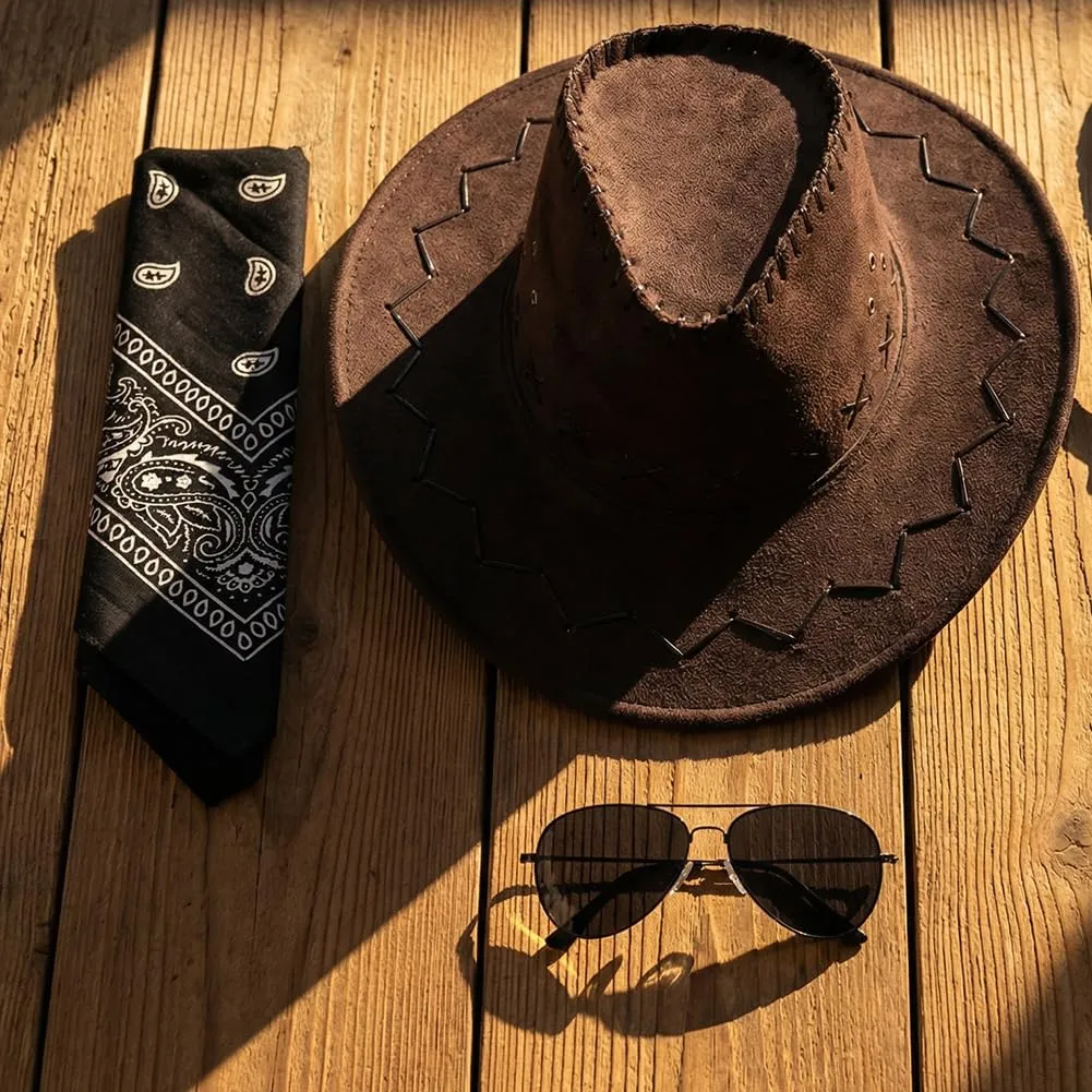 WFKKMEQ Costume da Cowboy, Set 6 Pezzi con Cappello, Bandana e Distintivo (Nero, Marrone) - immagine 7