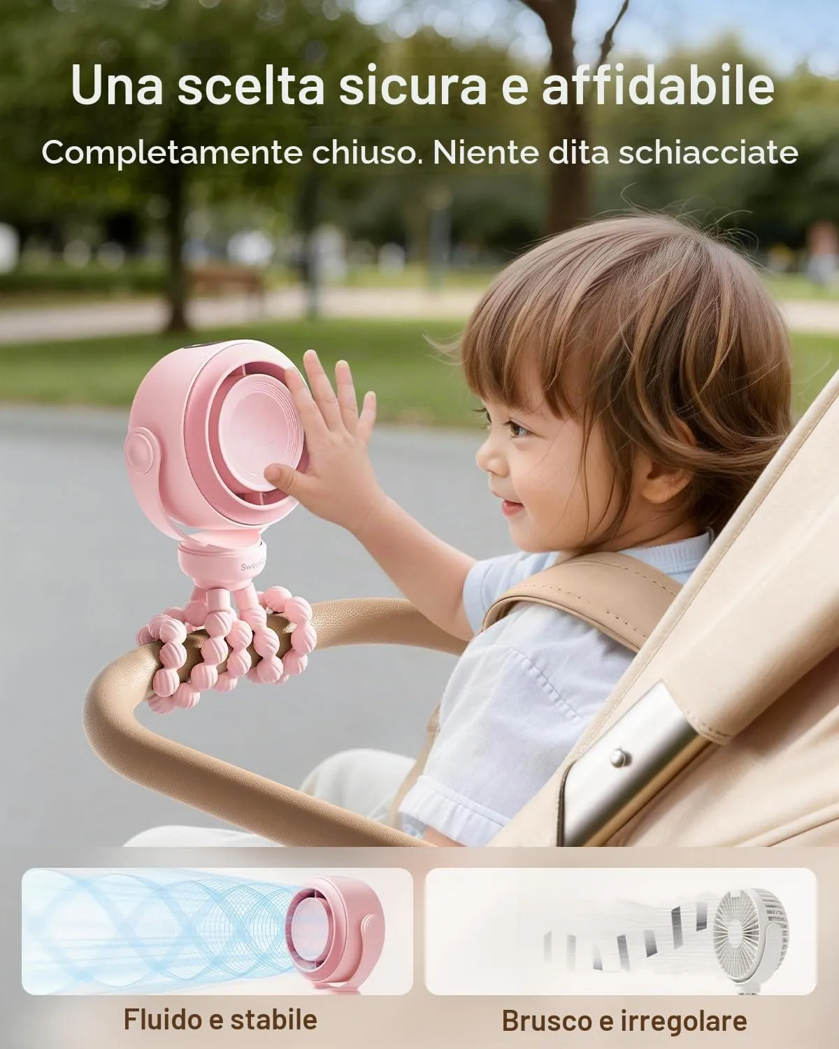 SWEETFULL Ventilatore Portatile per Passeggino, Mini Ventilatore a Clip Silenzioso a 5 Velocità, USB-C con Display LED, Batteria 10h - immagine 2