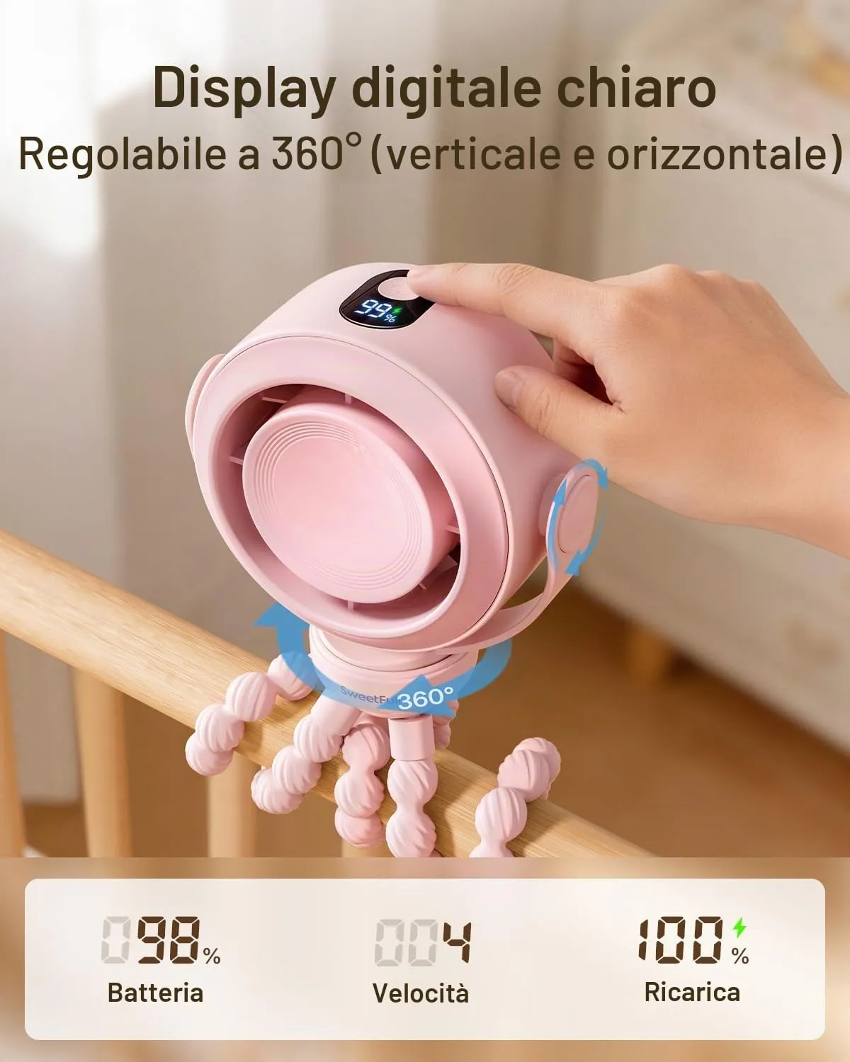 SWEETFULL Ventilatore Portatile per Passeggino, Mini Ventilatore a Clip Silenzioso a 5 Velocità, USB-C con Display LED, Batteria 10h - immagine 5