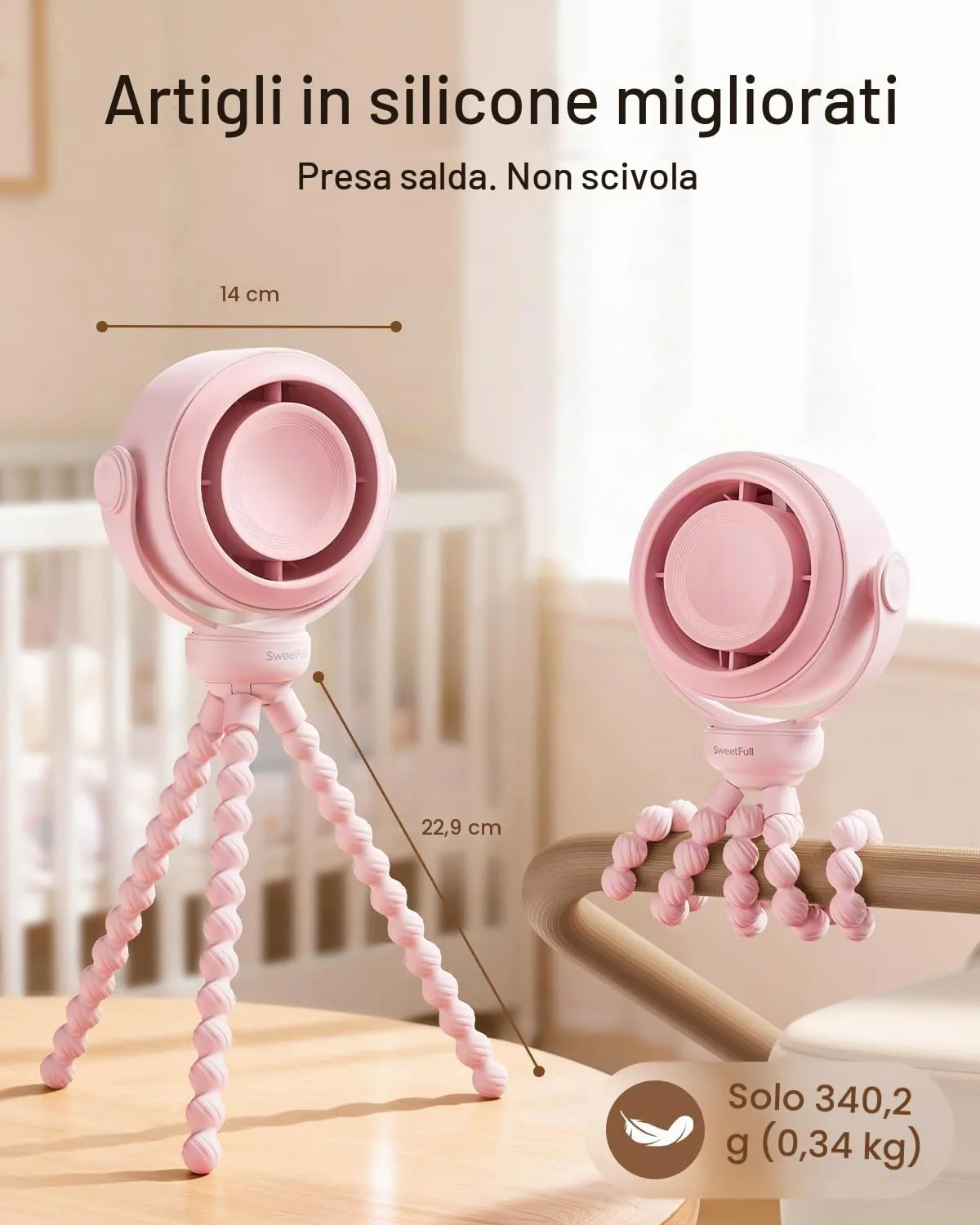 SWEETFULL Ventilatore Portatile per Passeggino, Mini Ventilatore a Clip Silenzioso a 5 Velocità, USB-C con Display LED, Batteria 10h - immagine 6