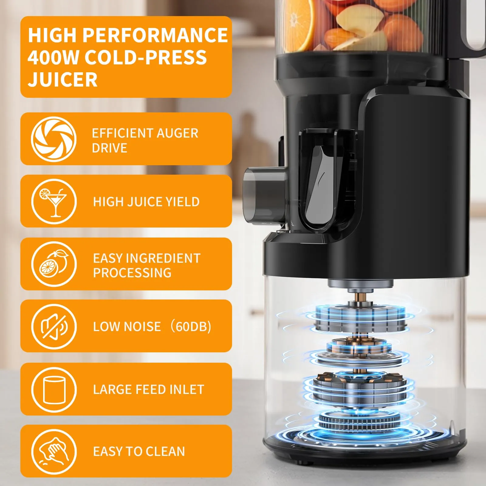XTKKGFBIR SJ-068 Estrattore di Frutta e Verdura a Freddo, Slow Juicer XL 152mm - immagine 5