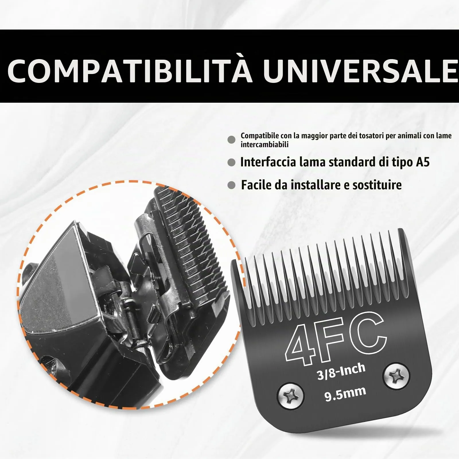 ZATEIRL Lame di Toelettatura 4FC per Cani, Acciaio 3/8 Pollici (9,5 mm), Compatibili con Andis, Oster A5, Wahl KM-10, Moser, Heiniger, Confezione da 3, Nero - immagine 6