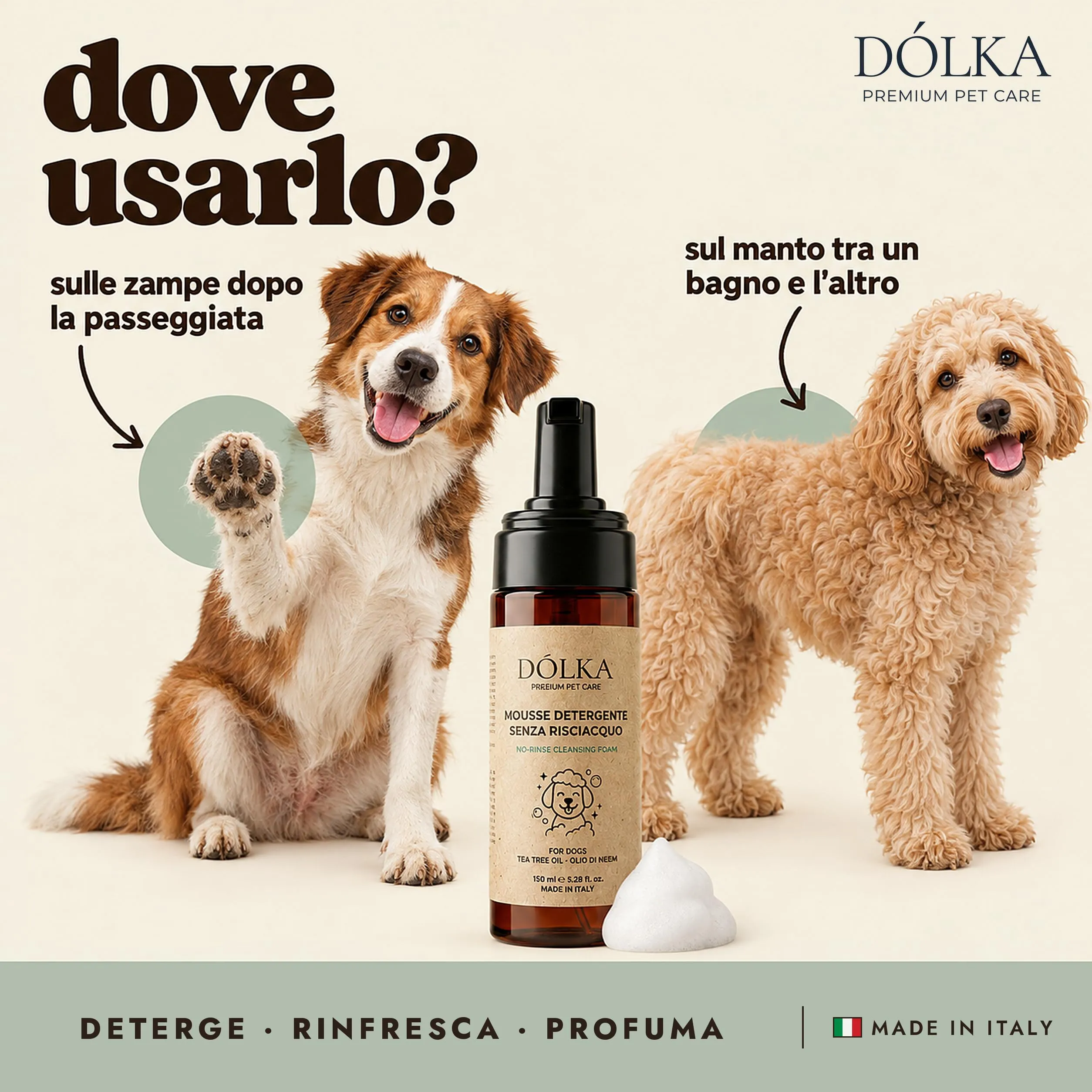 DÓLKA Mousse Detergente per Cani Senza Risciacquo 150 ml con Tea Tree, Olio di Neem, Calendula, Camomilla e Tè Verde - immagine 2