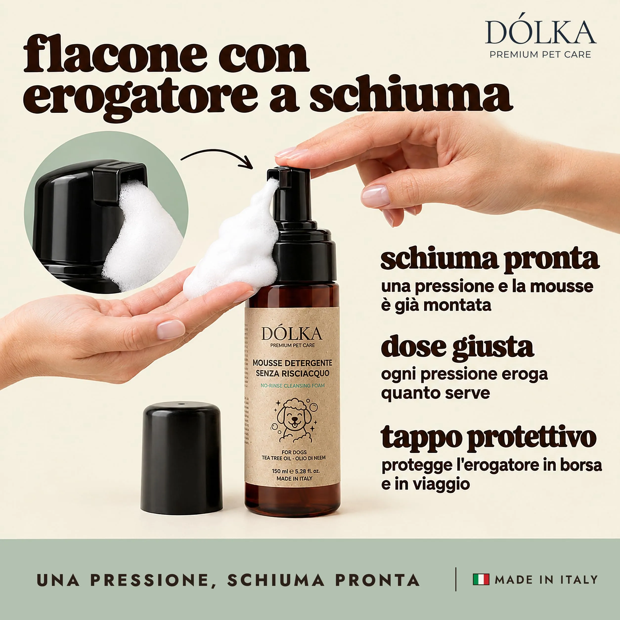 DÓLKA Mousse Detergente per Cani Senza Risciacquo 150 ml con Tea Tree, Olio di Neem, Calendula, Camomilla e Tè Verde - immagine 3