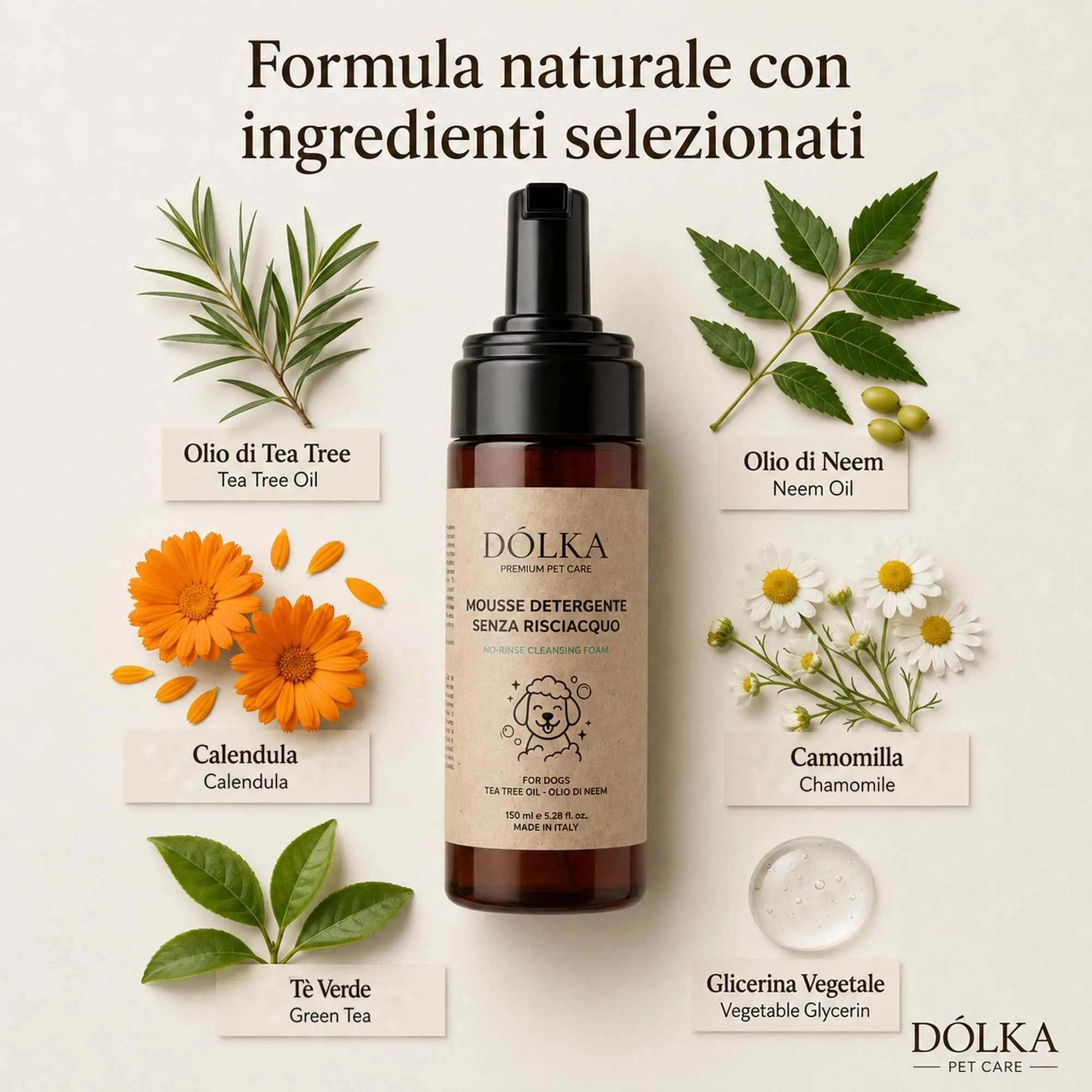 DÓLKA Mousse Detergente per Cani Senza Risciacquo 150 ml con Tea Tree, Olio di Neem, Calendula, Camomilla e Tè Verde - immagine 6