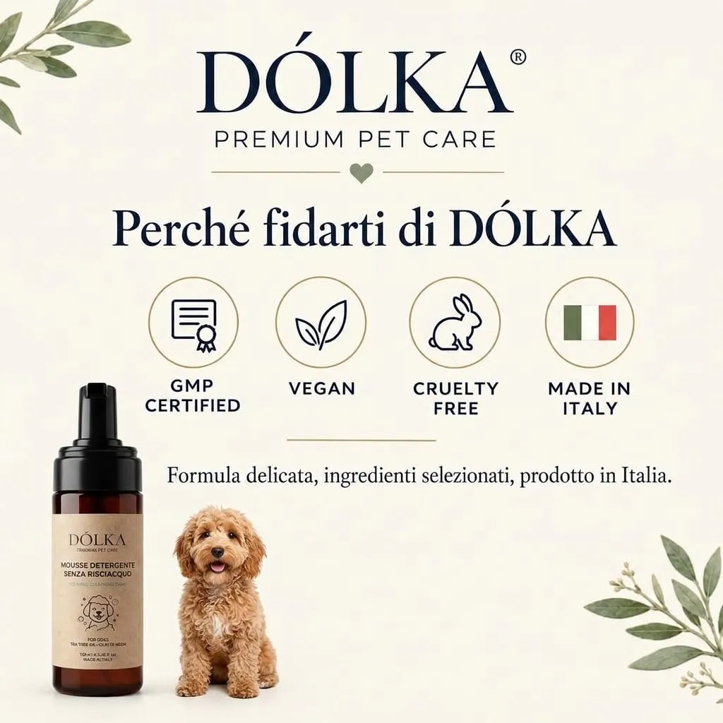 DÓLKA Mousse Detergente per Cani Senza Risciacquo 150 ml con Tea Tree, Olio di Neem, Calendula, Camomilla e Tè Verde - immagine 8