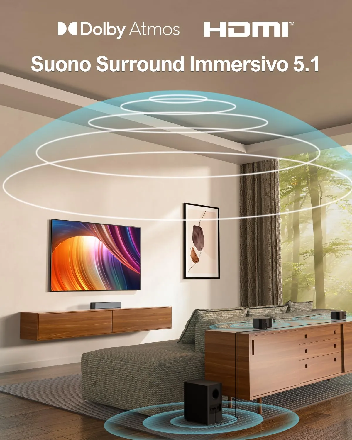ULTIMEA Poseidon D60 Soundbar 5.1 Canali, Dolby Atmos, Subwoofer Wireless, 410W, HDMI-eARC - immagine 3