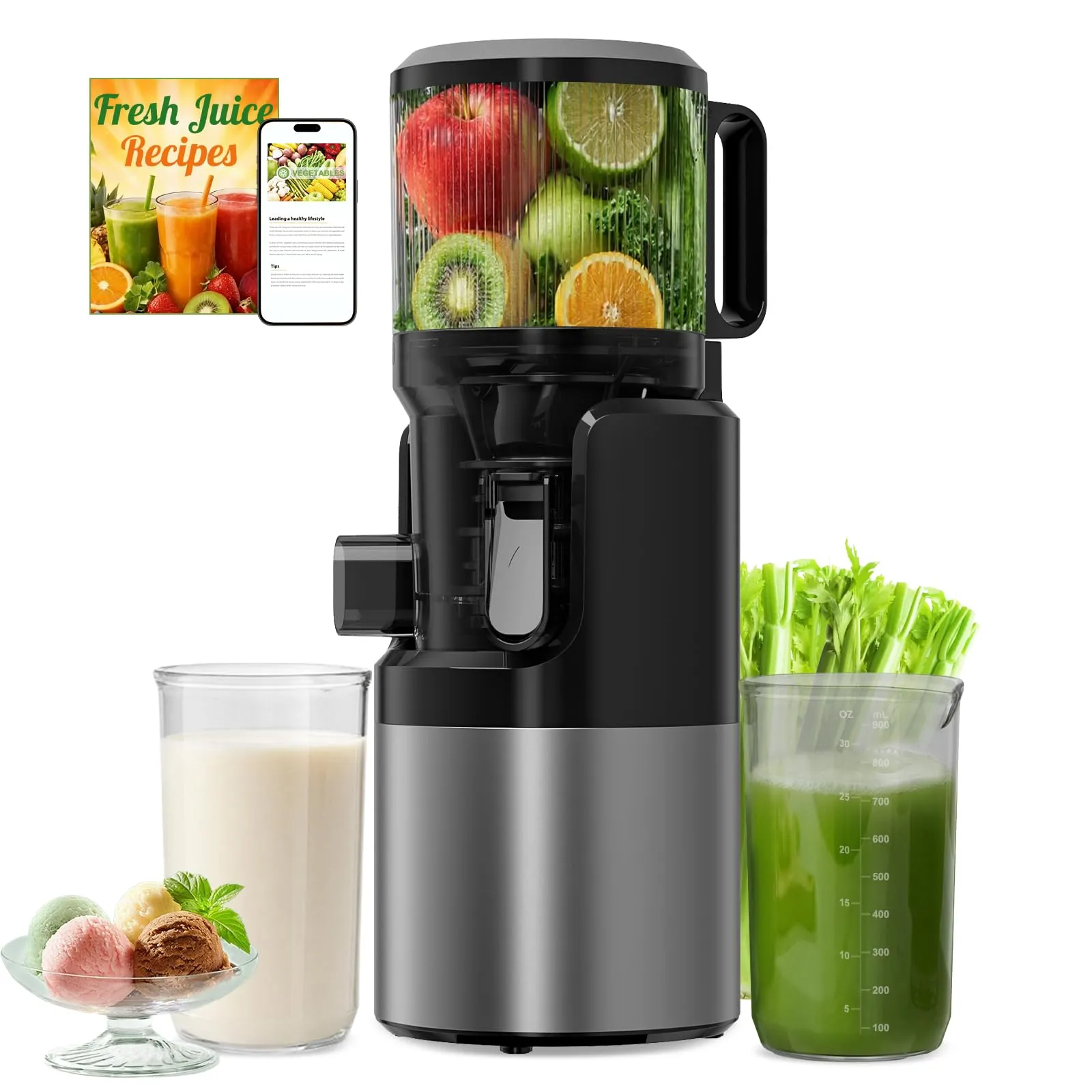 XTKKGFBIR Estrattore Frutta e Verdura a Freddo 400W, Slow Juicer con Bocca XL 152 mm, 3 in 1, 1,8 L, Grigio Titanio - immagine 1