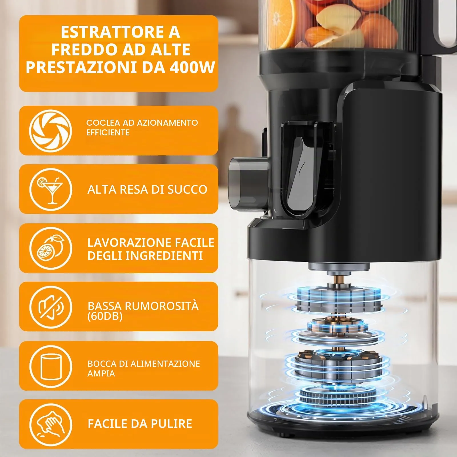 XTKKGFBIR Estrattore Frutta e Verdura a Freddo 400W, Slow Juicer con Bocca XL 152 mm, 3 in 1, 1,8 L, Grigio Titanio - immagine 6