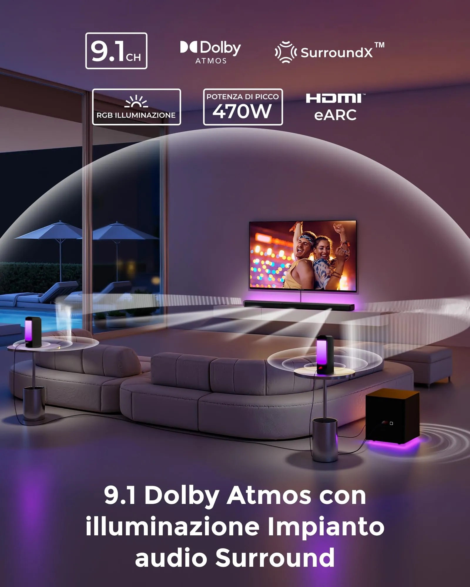 ULTIMEA Apollo S90 9.1ch Dolby Atmos Soundbar with 2 Rear Speakers, Detachable Sound Bar, 6.5" Subwoofer, RGB Lighting, 470W, App Control, HDMI/OPT/AUX/BT - immagine 2