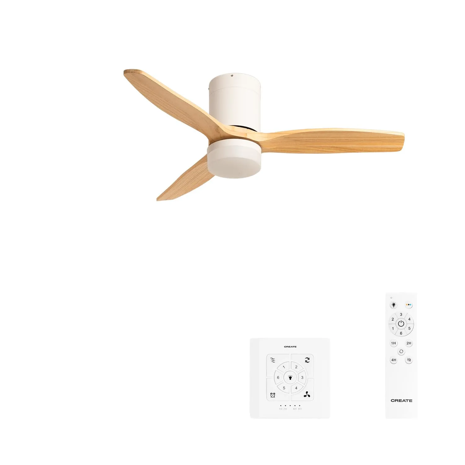 CREATE Windcalm Ventilatore da soffitto ABS con luce, bianco pale effetto legno chiaro, 40W, Ø112 cm, telecomando, funzione estate-inverno - immagine 1