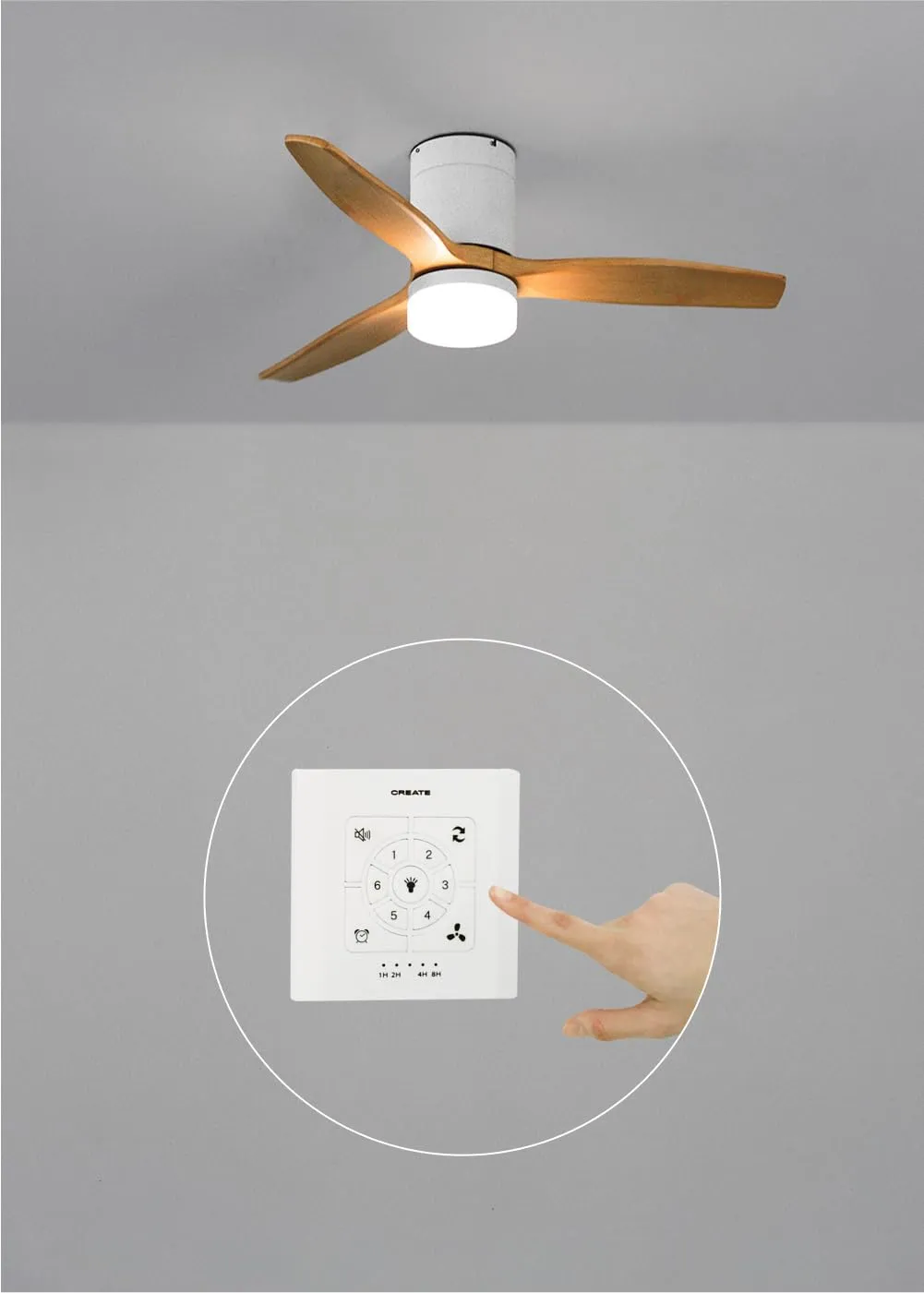 CREATE Windcalm Ventilatore da soffitto ABS con luce, bianco pale effetto legno chiaro, 40W, Ø112 cm, telecomando, funzione estate-inverno - immagine 4