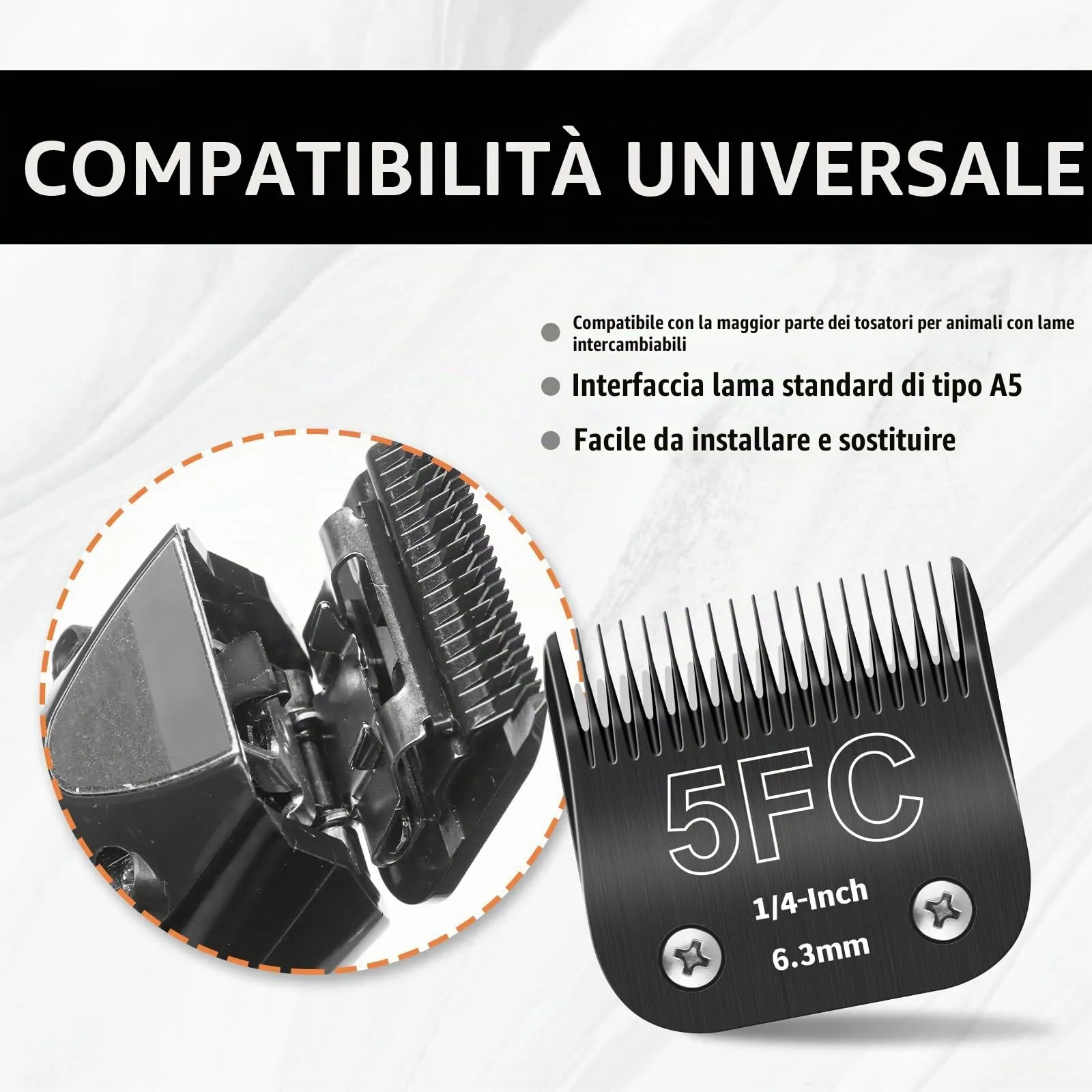 ZATEIRL Lame di Toelettatura 5FC per Cani, Acciaio 1/4 Pollici (6,3 mm), Compatibile con Andis, Oster A5, Wahl KM-10, Moser, Heiniger, Confezione da 3, Nero - immagine 6