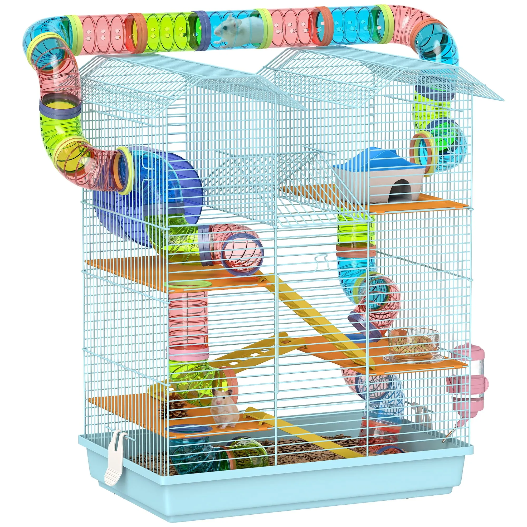 PawHut Gabbia per Criceti e Roditori a 5 Piani con Ruota, 47x30x59cm, Azzurro - immagine 1
