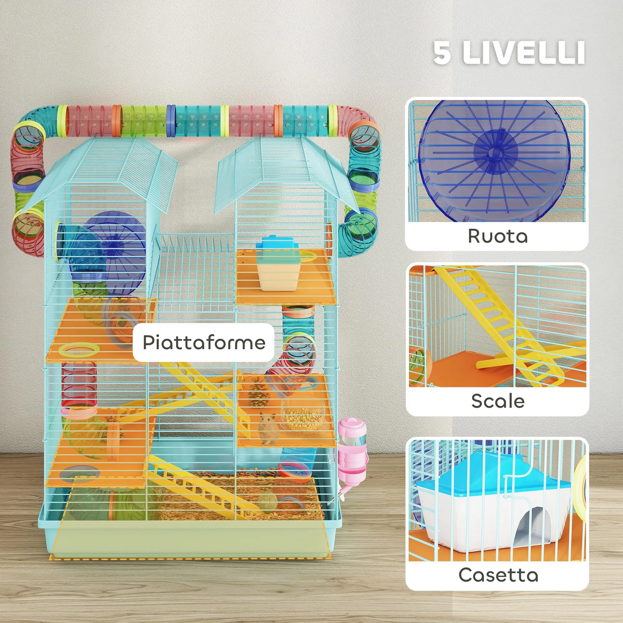 PawHut Gabbia per Criceti e Roditori a 5 Piani con Ruota, 47x30x59cm, Azzurro - immagine 3