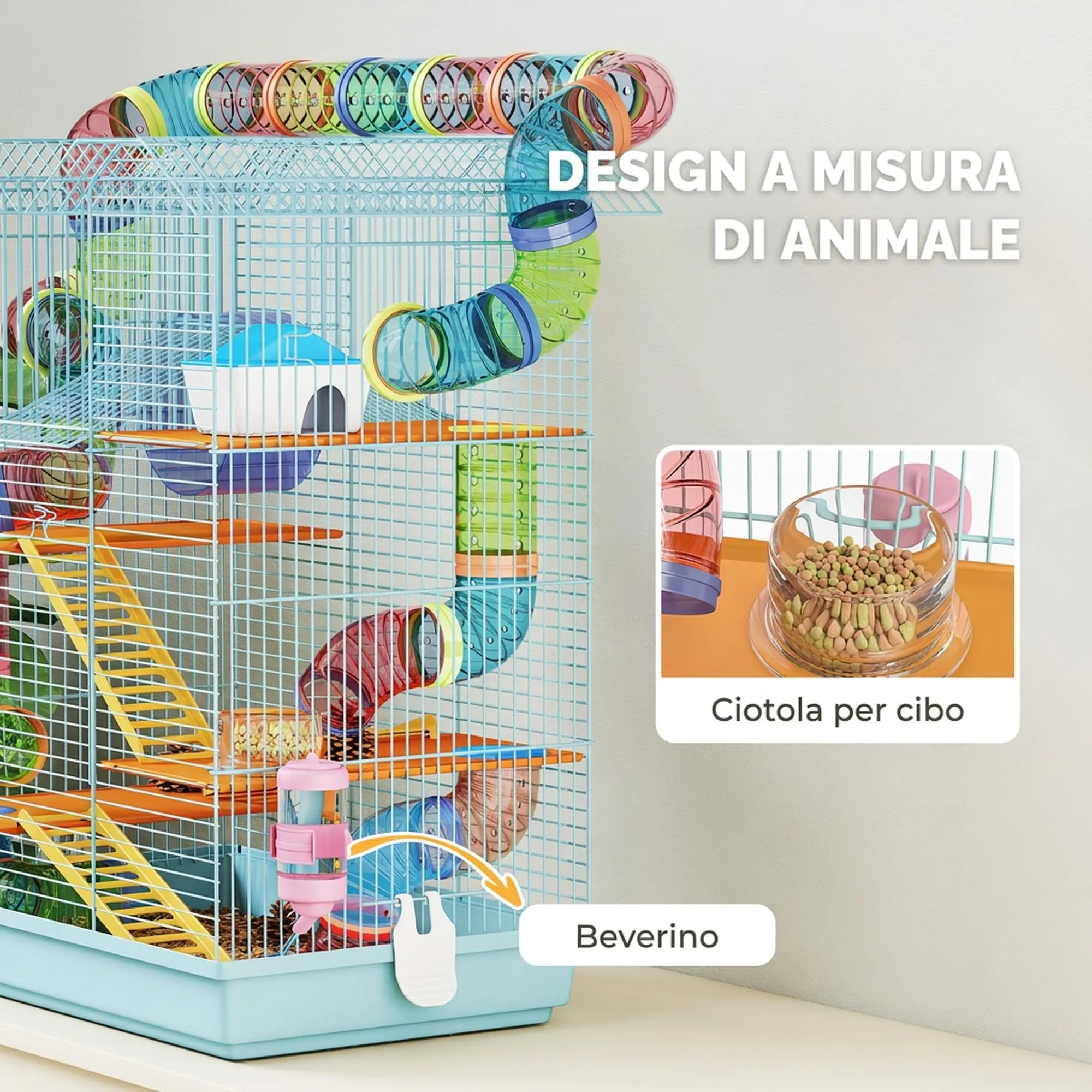 PawHut Gabbia per Criceti e Roditori a 5 Piani con Ruota, 47x30x59cm, Azzurro - immagine 4