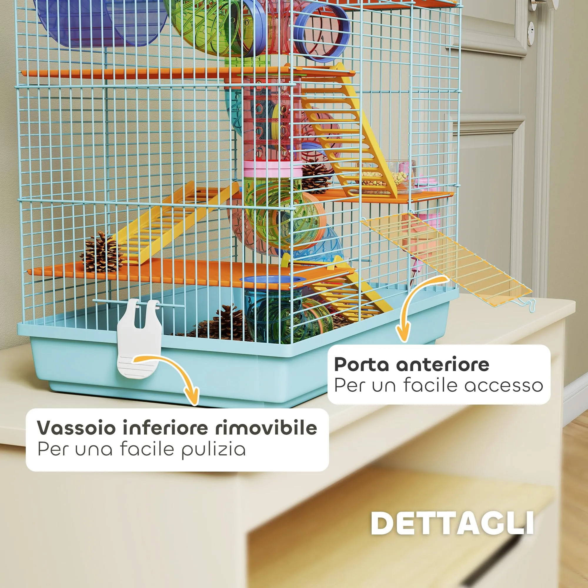 PawHut Gabbia per Criceti e Roditori a 5 Piani con Ruota, 47x30x59cm, Azzurro - immagine 5