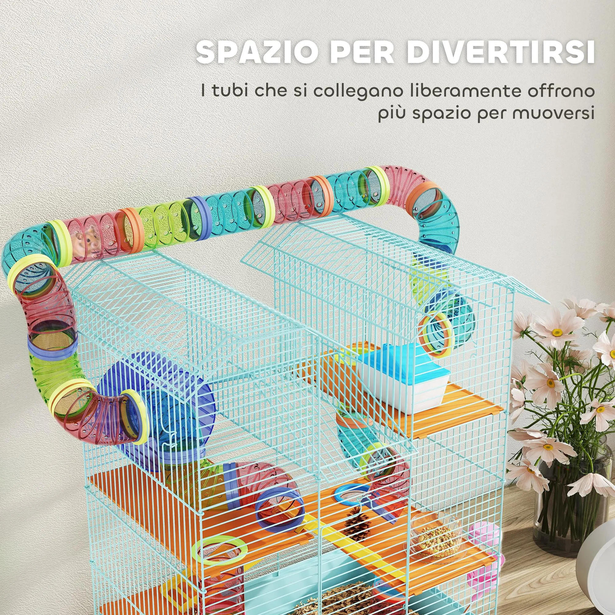 PawHut Gabbia per Criceti e Roditori a 5 Piani con Ruota, 47x30x59cm, Azzurro - immagine 6