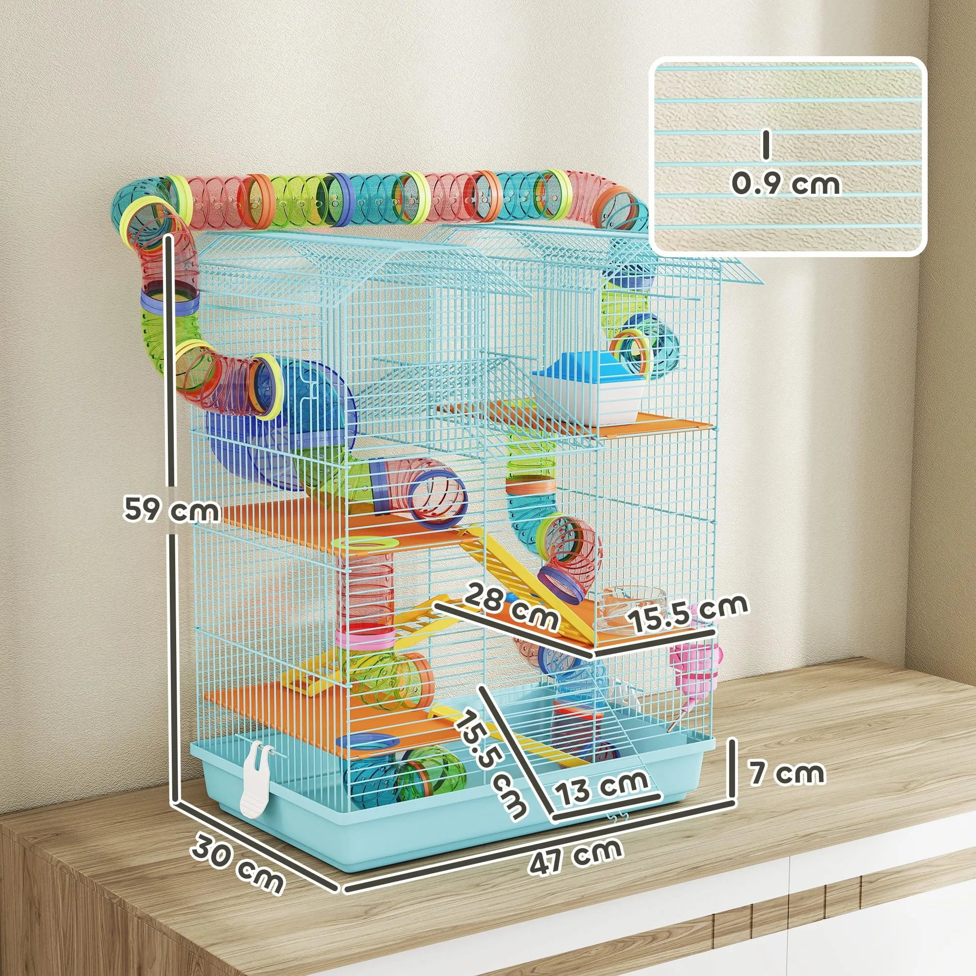 PawHut Gabbia per Criceti e Roditori a 5 Piani con Ruota, 47x30x59cm, Azzurro - immagine 7
