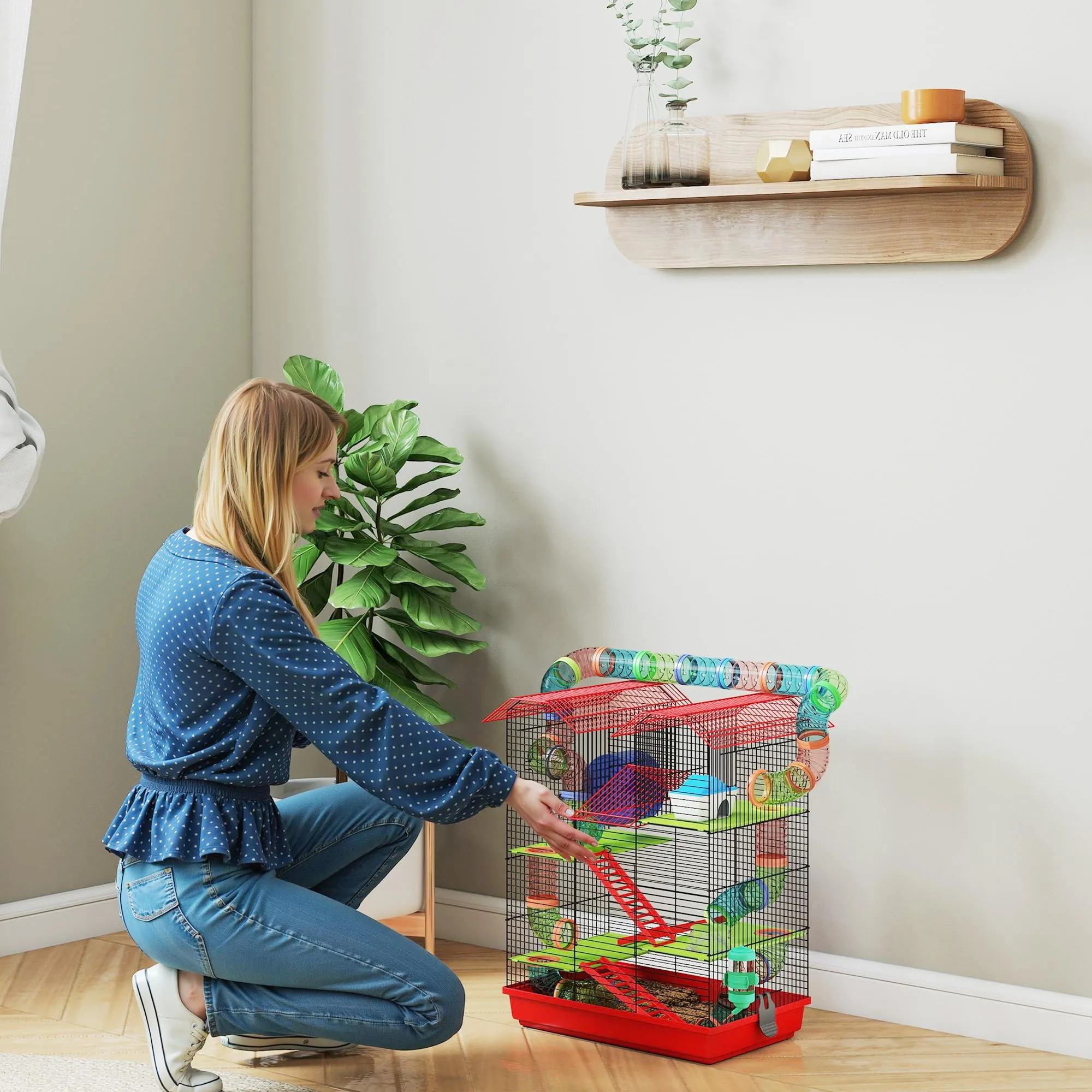 PawHut Gabbia per Criceti e Gerbilli, 2 Piani, Portatile con Manico, Blu - immagine 8