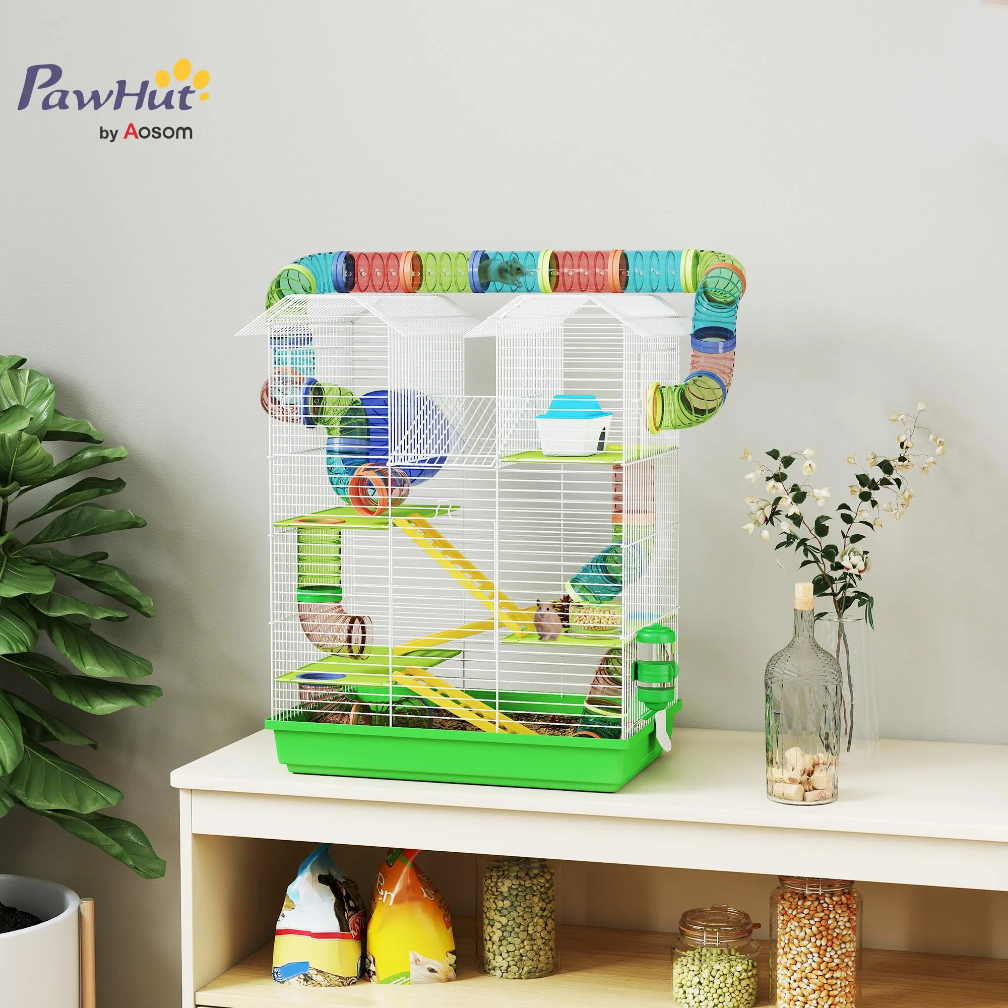 PawHut Gabbia per Criceti e Roditori a 5 Piani con Ruota, 47x30x59cm, Verde - immagine 2