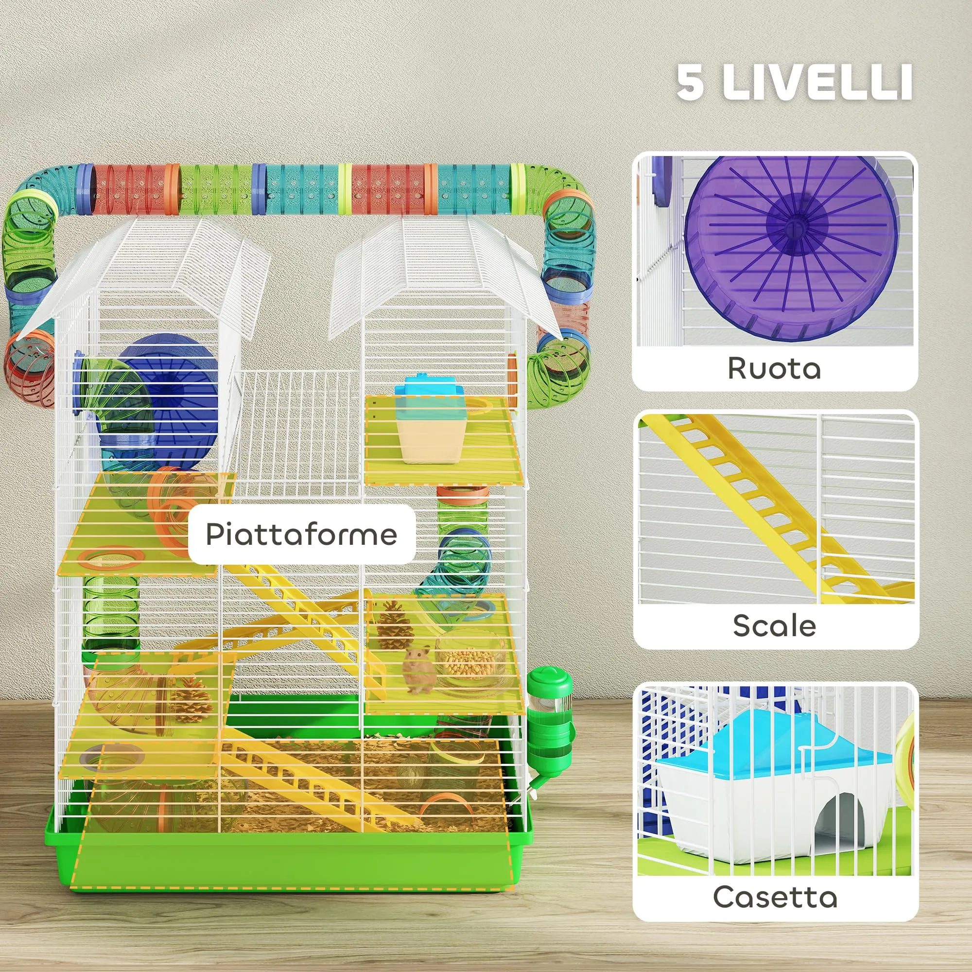 PawHut Gabbia per Criceti e Roditori a 5 Piani con Ruota, 47x30x59cm, Verde - immagine 3