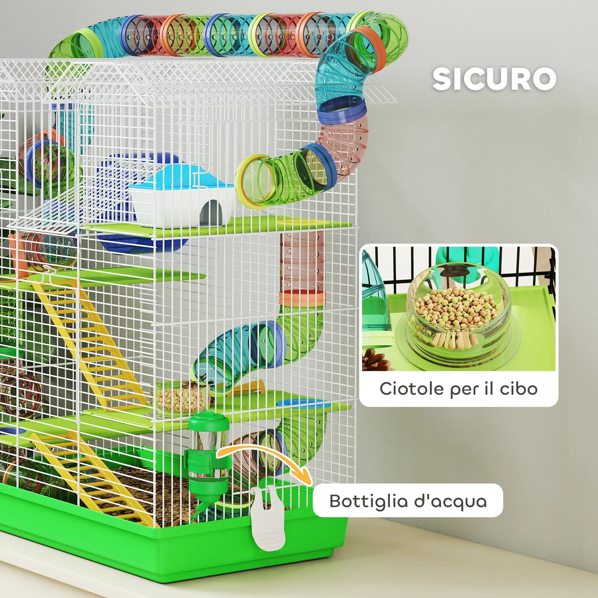 PawHut Gabbia per Criceti e Roditori a 5 Piani con Ruota, 47x30x59cm, Verde - immagine 4