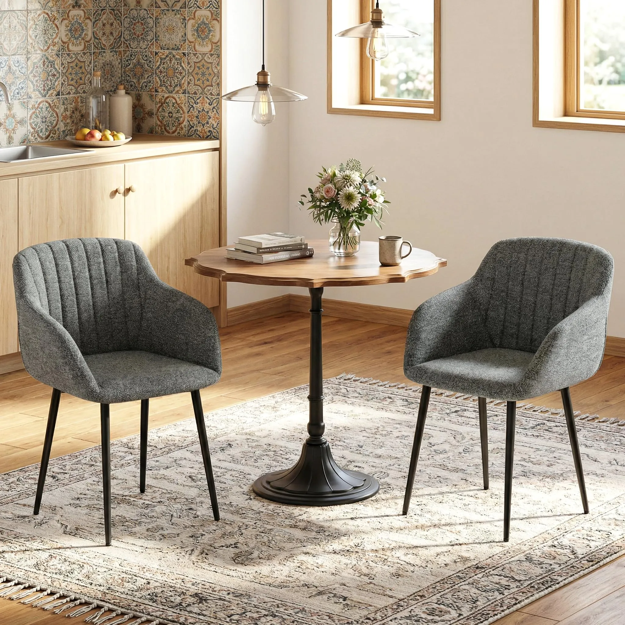 Goeurvant Set di 4 Sedie da Pranzo con Braccioli in Ciniglia, Gambe in Metallo, Grigio Ardesia - immagine 4
