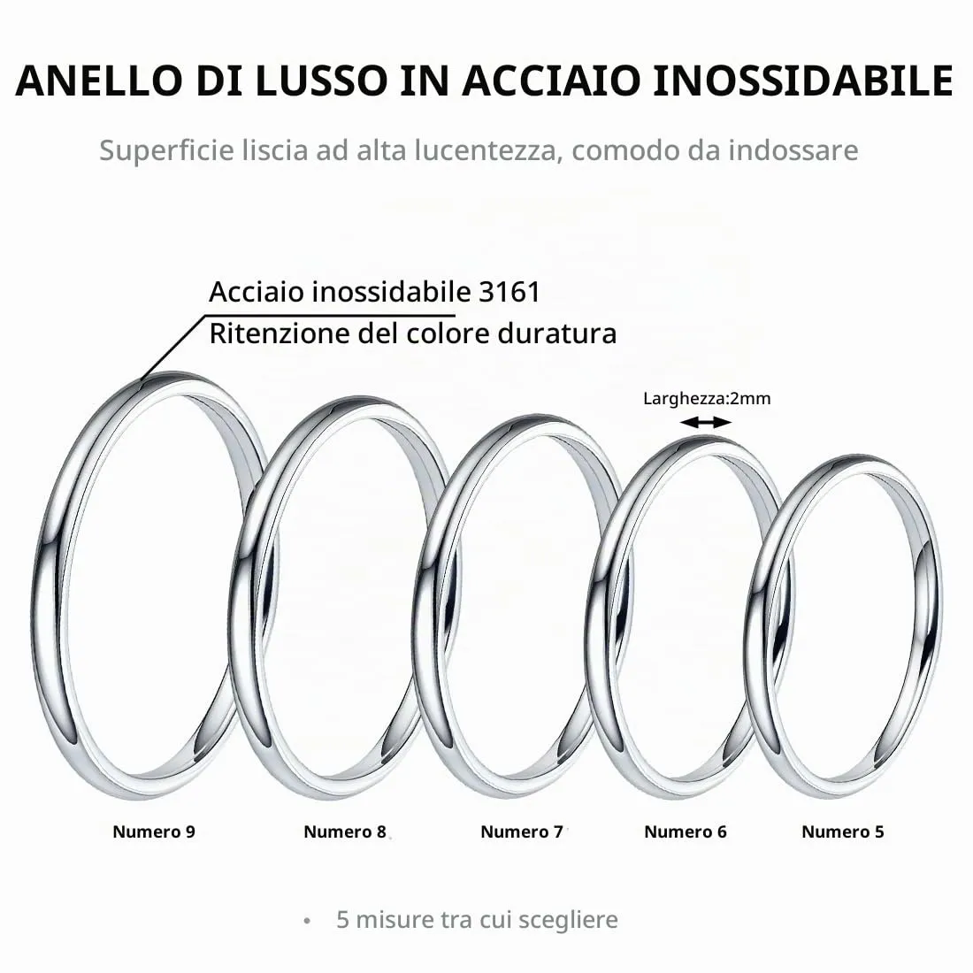 YUVKIN Set di 10 Anelli Donna in Acciaio Inossidabile 316L Impilabili 2mm - immagine 2