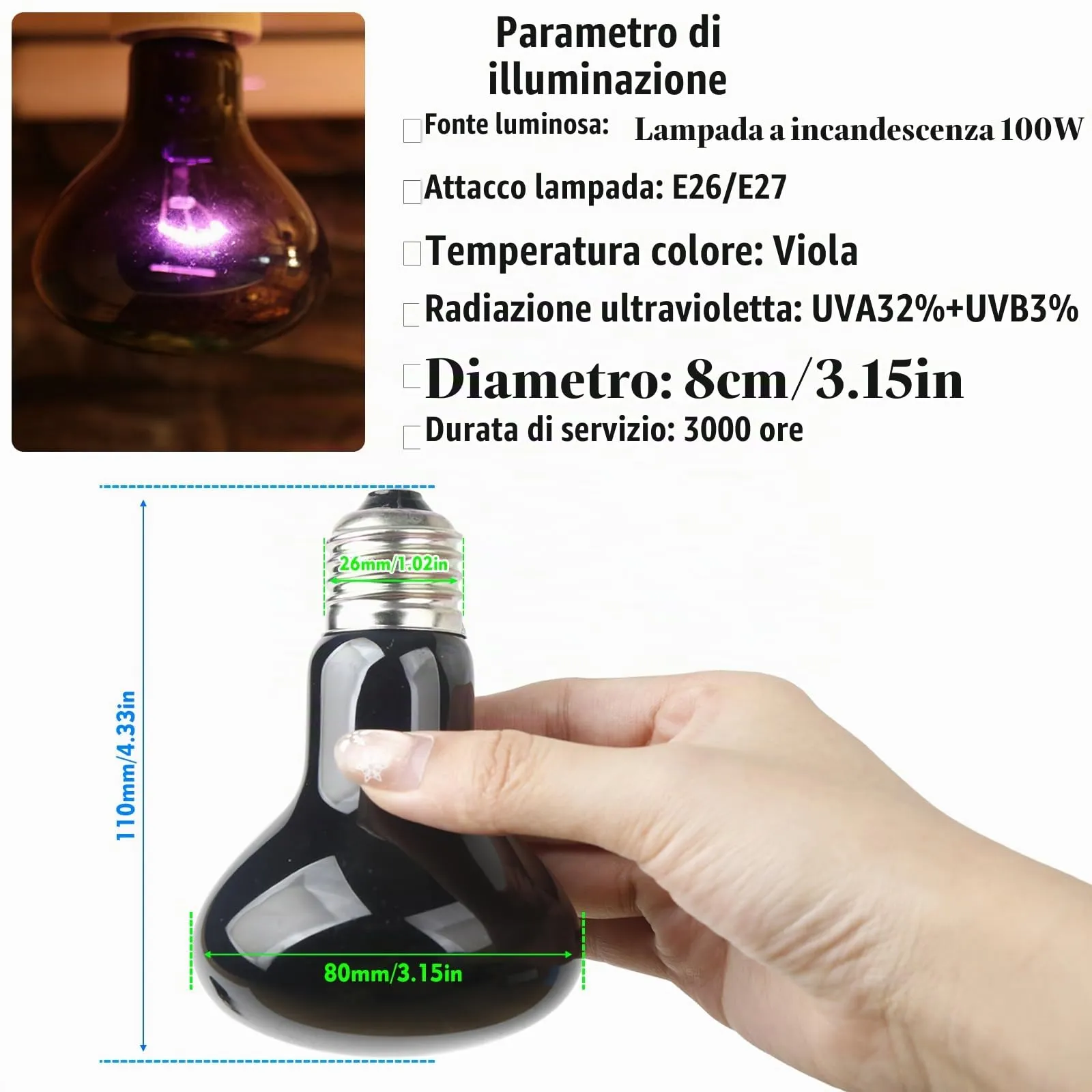 LedWekei Lampada riscaldante per terrario e rettili 100W UVA/UVB, attacco E27, 2 pezzi - immagine 3