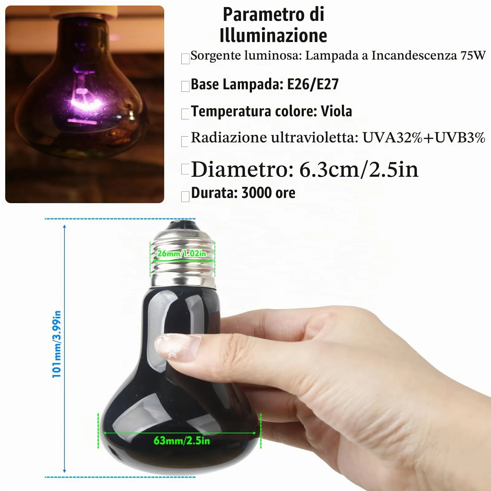 LedWekei Lampada riscaldante per terrario e rettili 75W UVA/UVB, attacco E27 (2 pezzi) - immagine 3