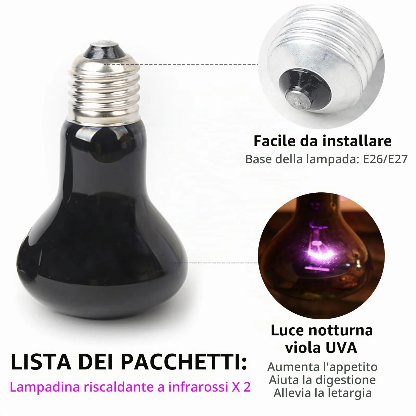 LedWekei Lampada riscaldante per terrario e rettili 75W UVA/UVB, attacco E27 (2 pezzi) - immagine 6