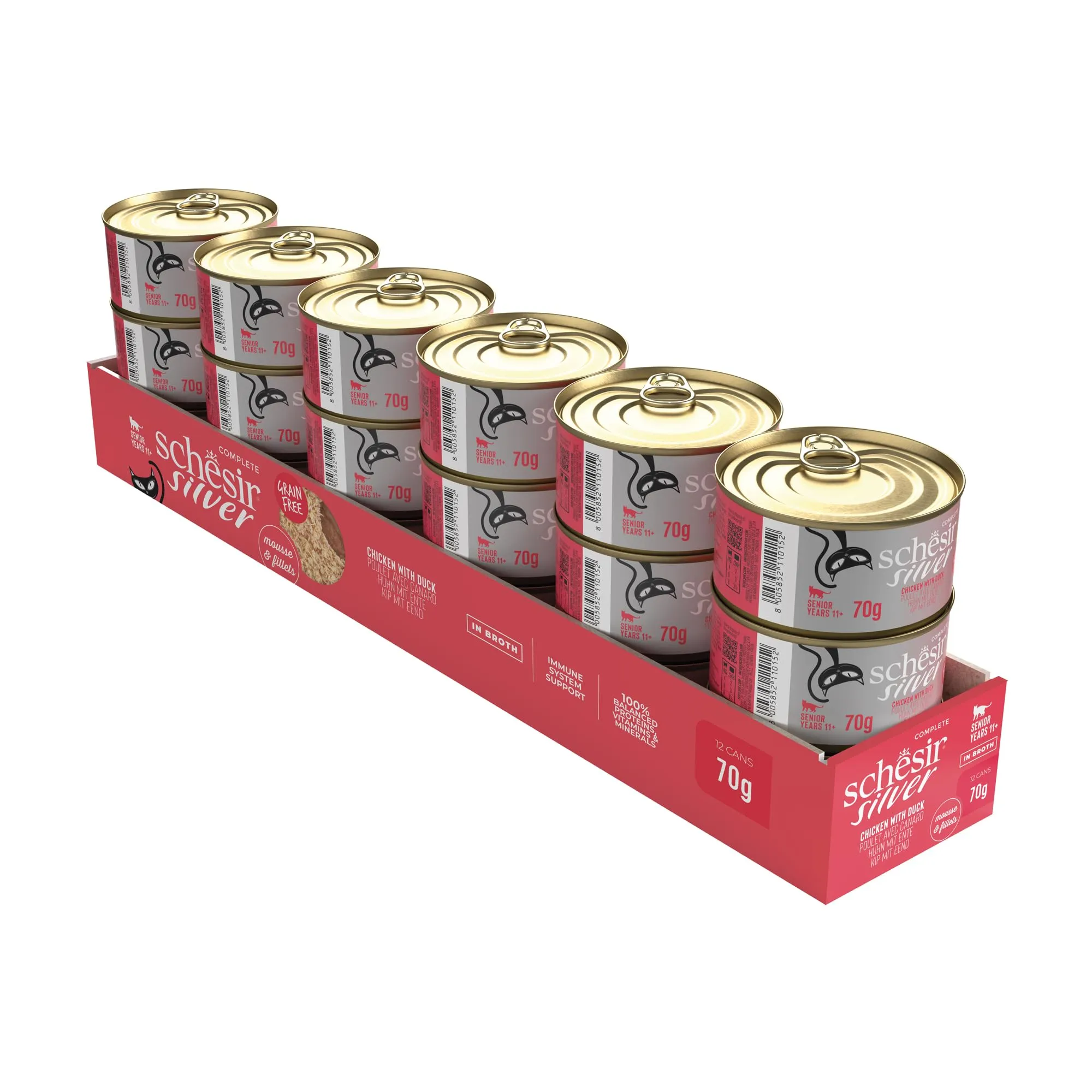 Schesir Silver Pollo con Anatra in Mousse e Filetti, Alimento Umido Completo per Gatti Anziani, Grain Free, 12 x 70g - immagine 2