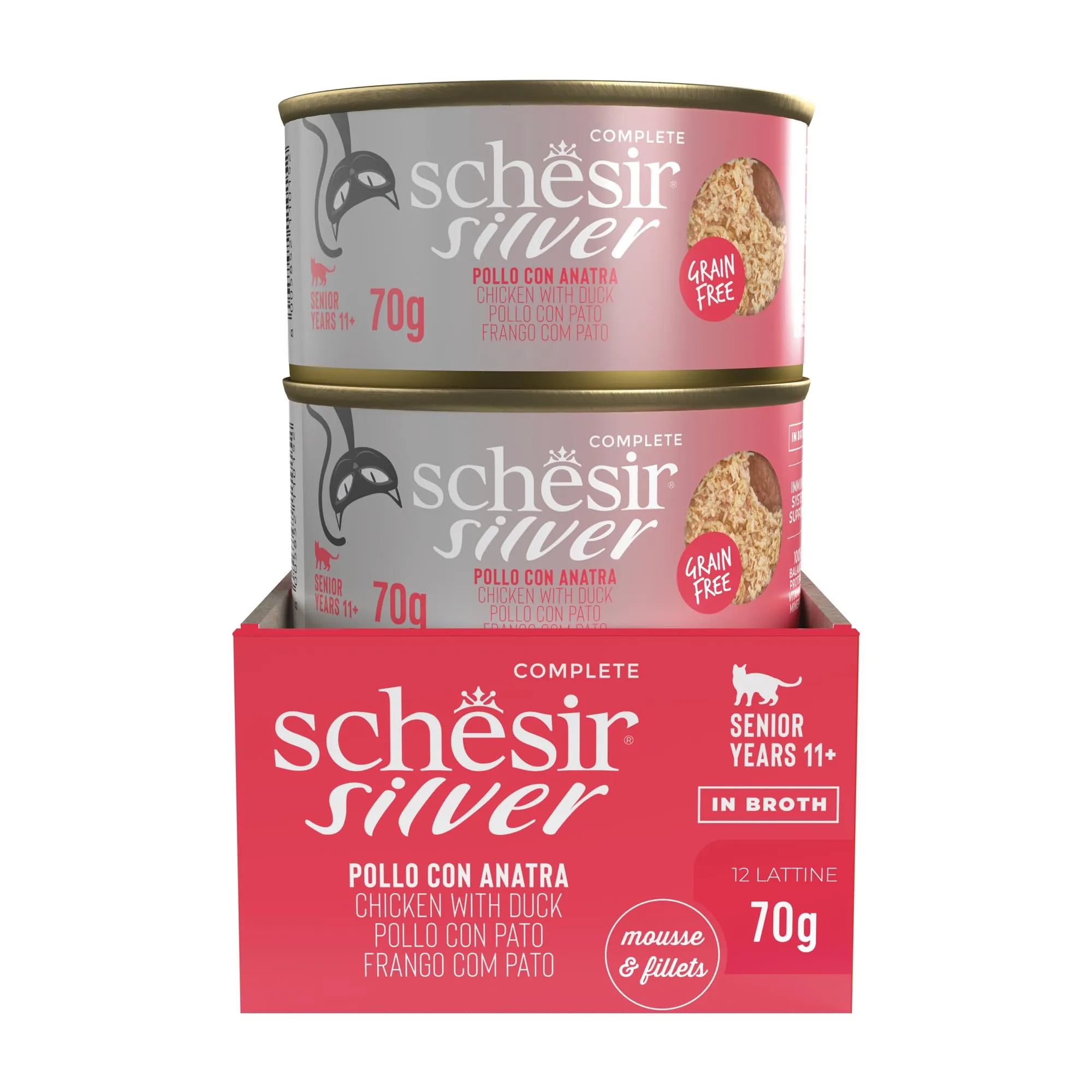 Schesir Silver Pollo con Anatra in Mousse e Filetti, Alimento Umido Completo per Gatti Anziani, Grain Free, 12 x 70g - immagine 3
