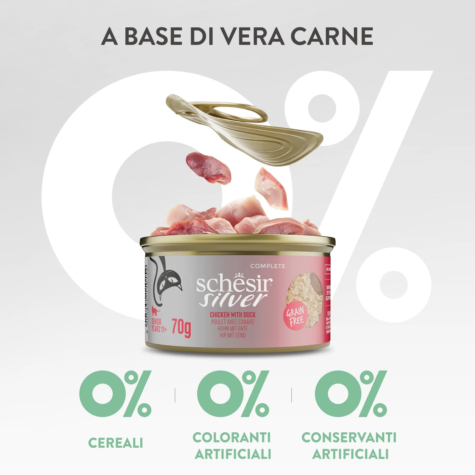 Schesir Silver Pollo con Anatra in Mousse e Filetti, Alimento Umido Completo per Gatti Anziani, Grain Free, 12 x 70g - immagine 6