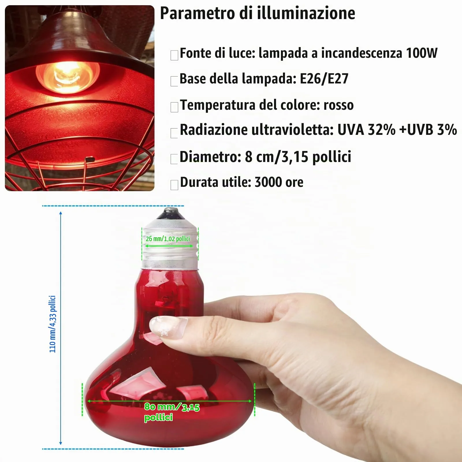 LedWekei Lampada riscaldante a infrarossi UVA/UVB per rettili, 100W, attacco E27, 2 pezzi - immagine 3