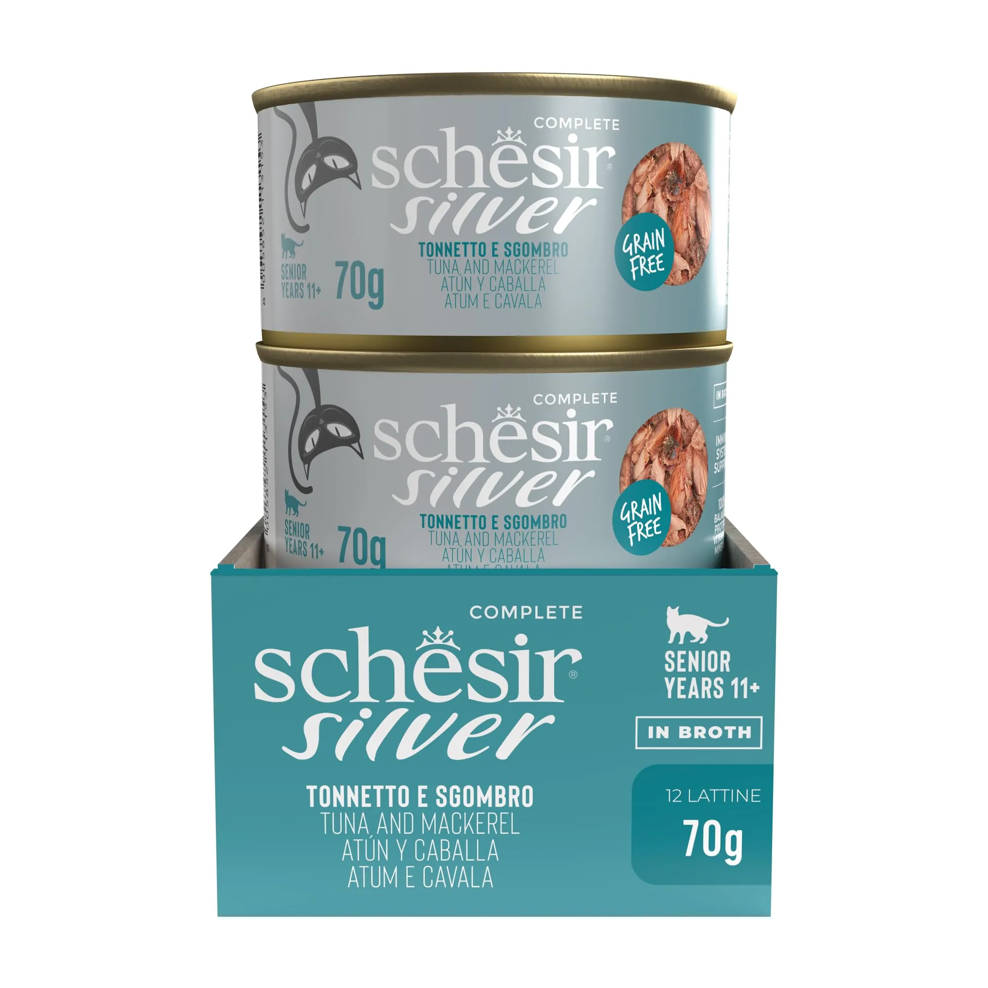Schesir Silver Filetti di Tonnetto e Sgombro in Brodo, Alimento Umido Completo per Gatti Anziani, Grain Free, 12 x 70g - immagine 2