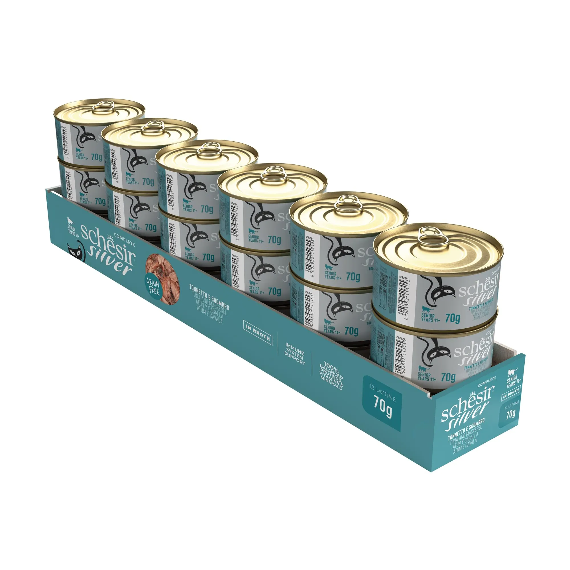 Schesir Silver Filetti di Tonnetto e Sgombro in Brodo, Alimento Umido Completo per Gatti Anziani, Grain Free, 12 x 70g - immagine 3