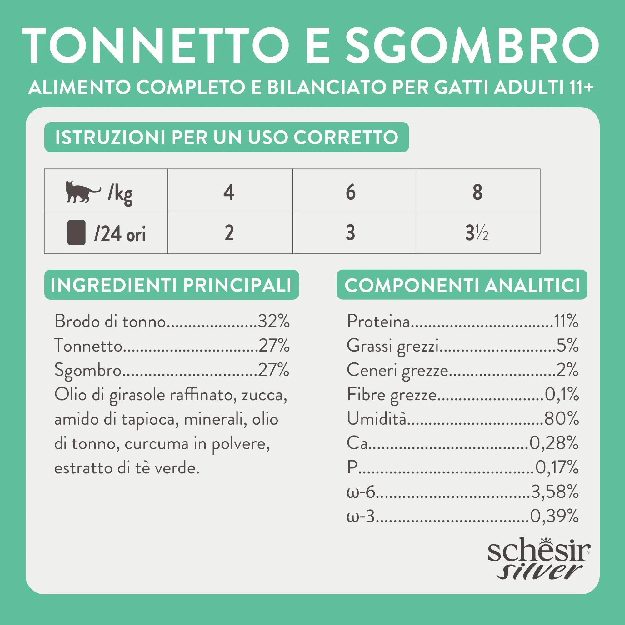 Schesir Silver Filetti di Tonnetto e Sgombro in Brodo, Alimento Umido Completo per Gatti Anziani, Grain Free, 12 x 70g - immagine 5