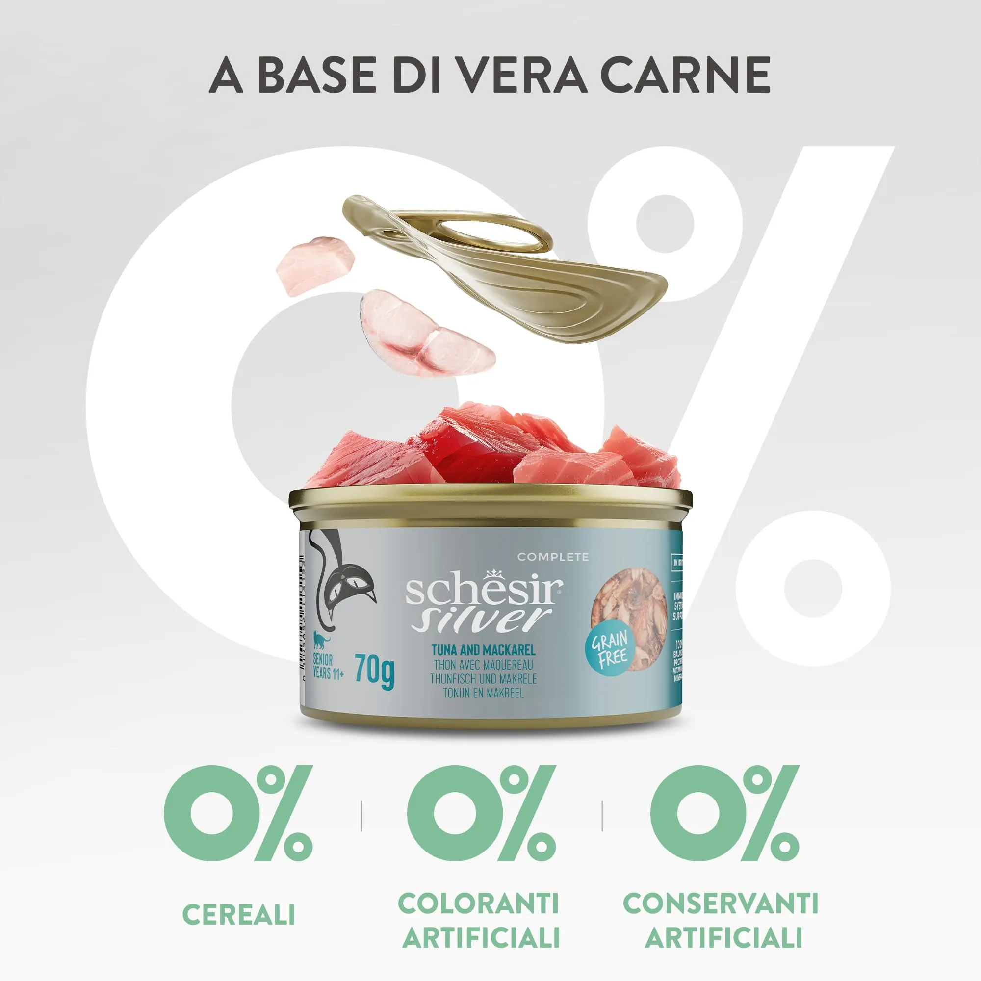 Schesir Silver Filetti di Tonnetto e Sgombro in Brodo, Alimento Umido Completo per Gatti Anziani, Grain Free, 12 x 70g - immagine 6