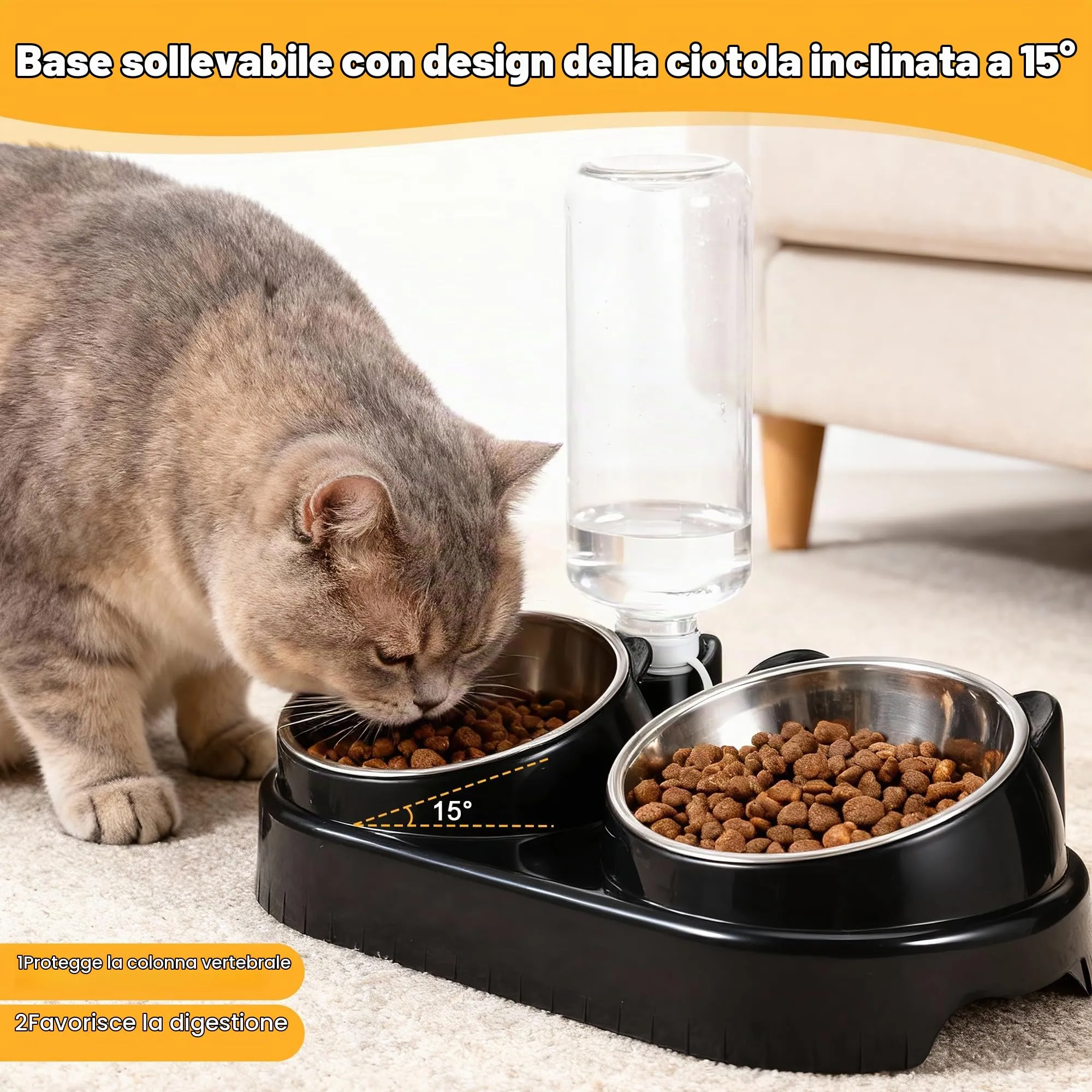 TranRantic Ciotola per Gatti 3 in 1, Set Ciotole in Acciaio Inossidabile con Bottiglia d'Acqua da 500 ml - immagine 4