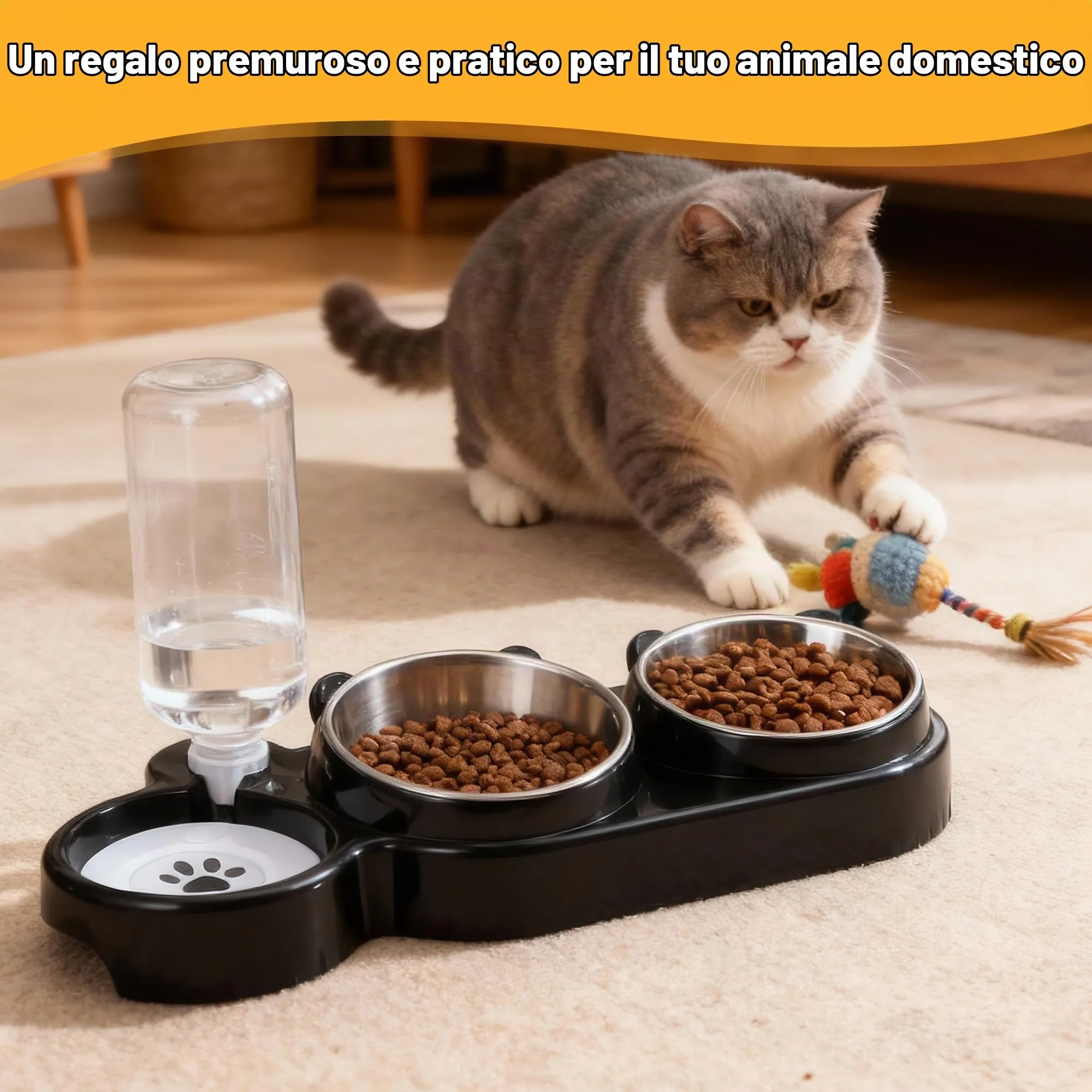 TranRantic Ciotola per Gatti 3 in 1, Set Ciotole in Acciaio Inossidabile con Bottiglia d'Acqua da 500 ml - immagine 7