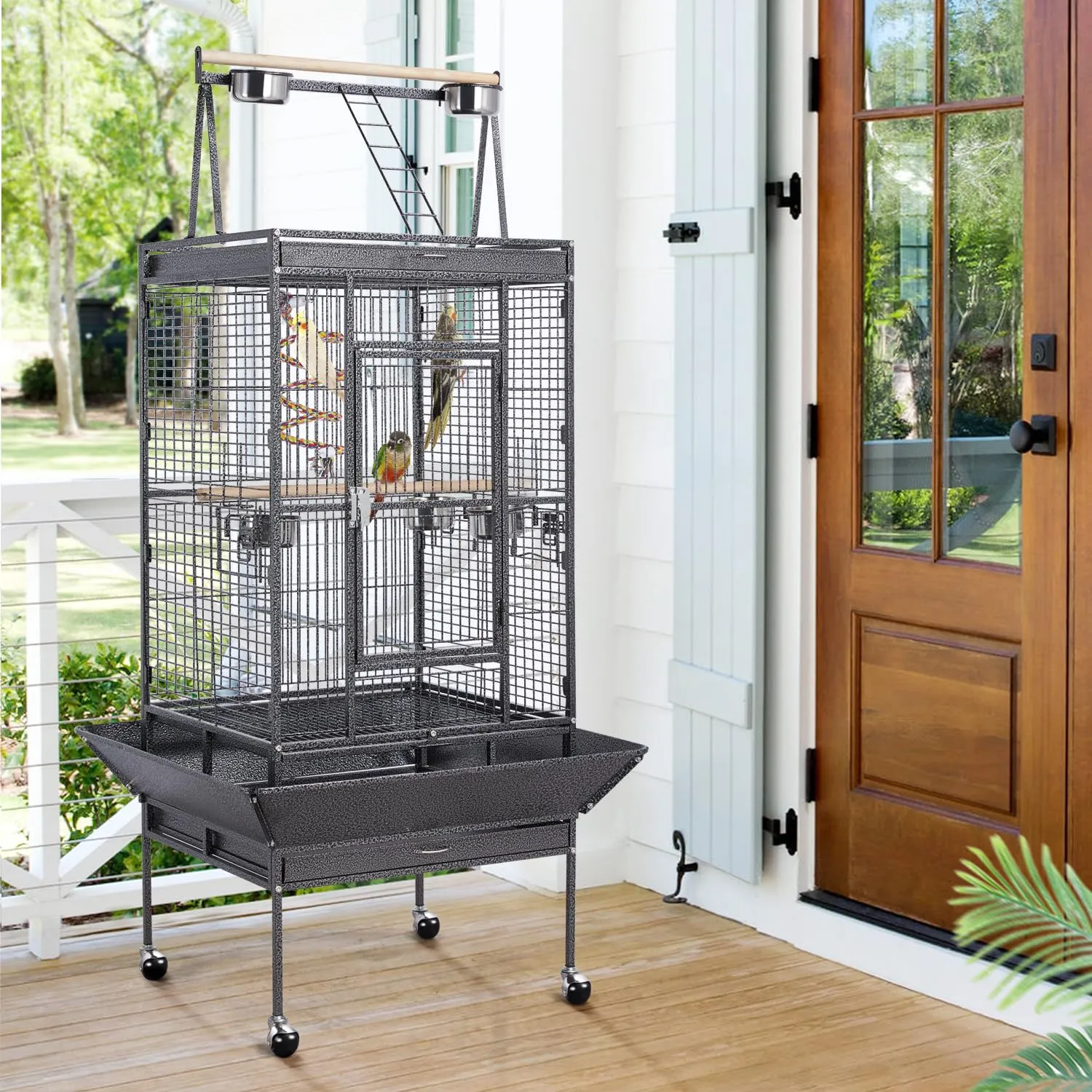Yaheetech Gabbia Voliera in Metallo per Pappagalli, 81,5 x 77 x 174 cm, Nero - immagine 2