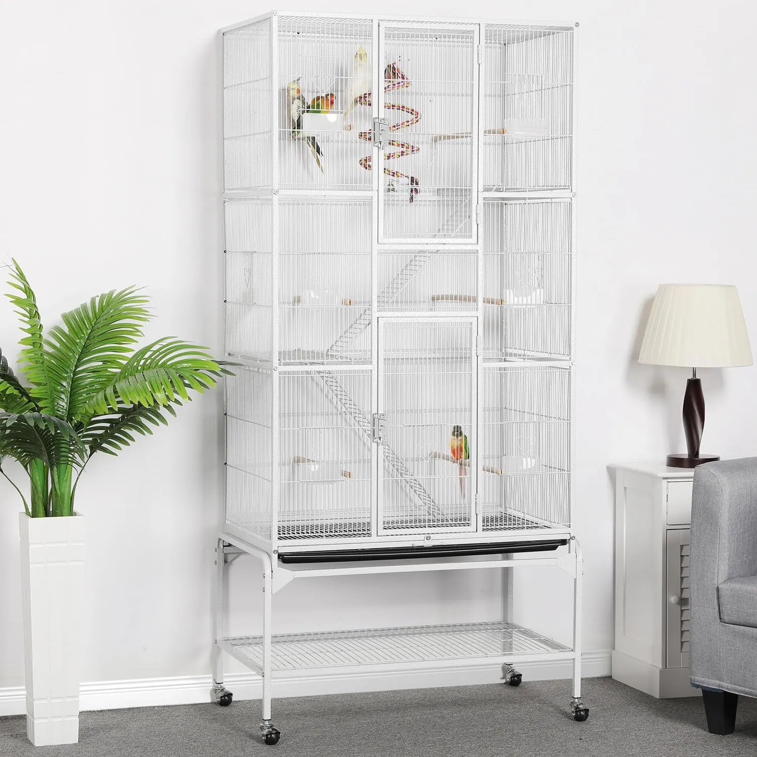 Yaheetech Gabbia per Uccelli e Roditori in Metallo e Legno, 3 Livelli, 175,5 cm, Bianco - immagine 2